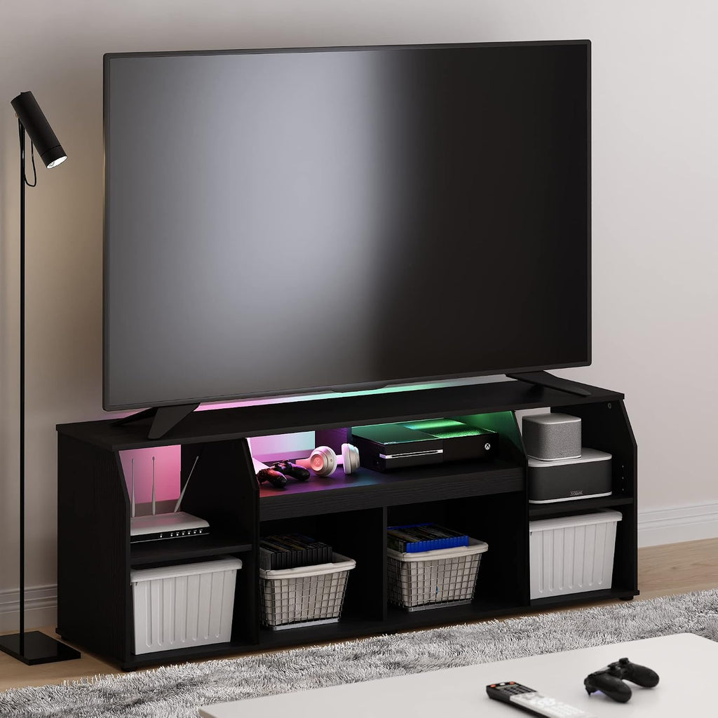 Furinno Jaya TV Stand, Large 6 Shelves Entertainment Center with LED, Media Console Table for TV up to 65 Inch, TV Console, for Living Room, Bedroom, Dark Americano