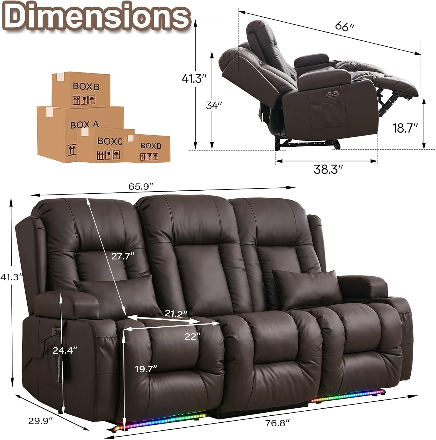 TUNYI Power Loveseat Recliner Sofa with Massage & Heat Home Theater Seating with Console RV Recliner Loveseat Sofa with USB/Storage/Side Pocket/LED Light/Speaker (Brown, 3 Seat)