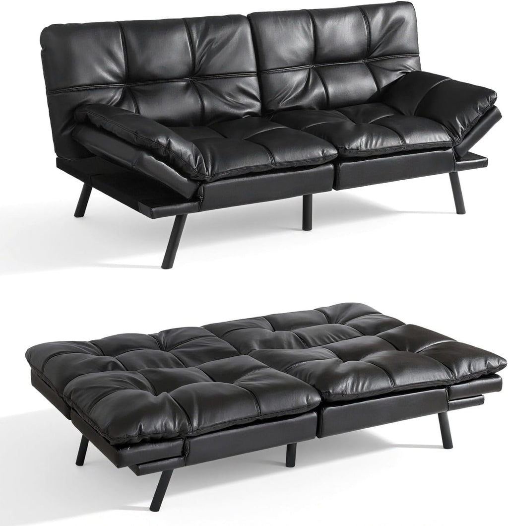 Vipbear 71' Futon Sofa Bed - Convertible Sofa Beds/Adjustable Backrest & Armrest, Comfy Loveseat Sleeper for Small Spaces, Apartments & Offices,Faux Leather Black Futons