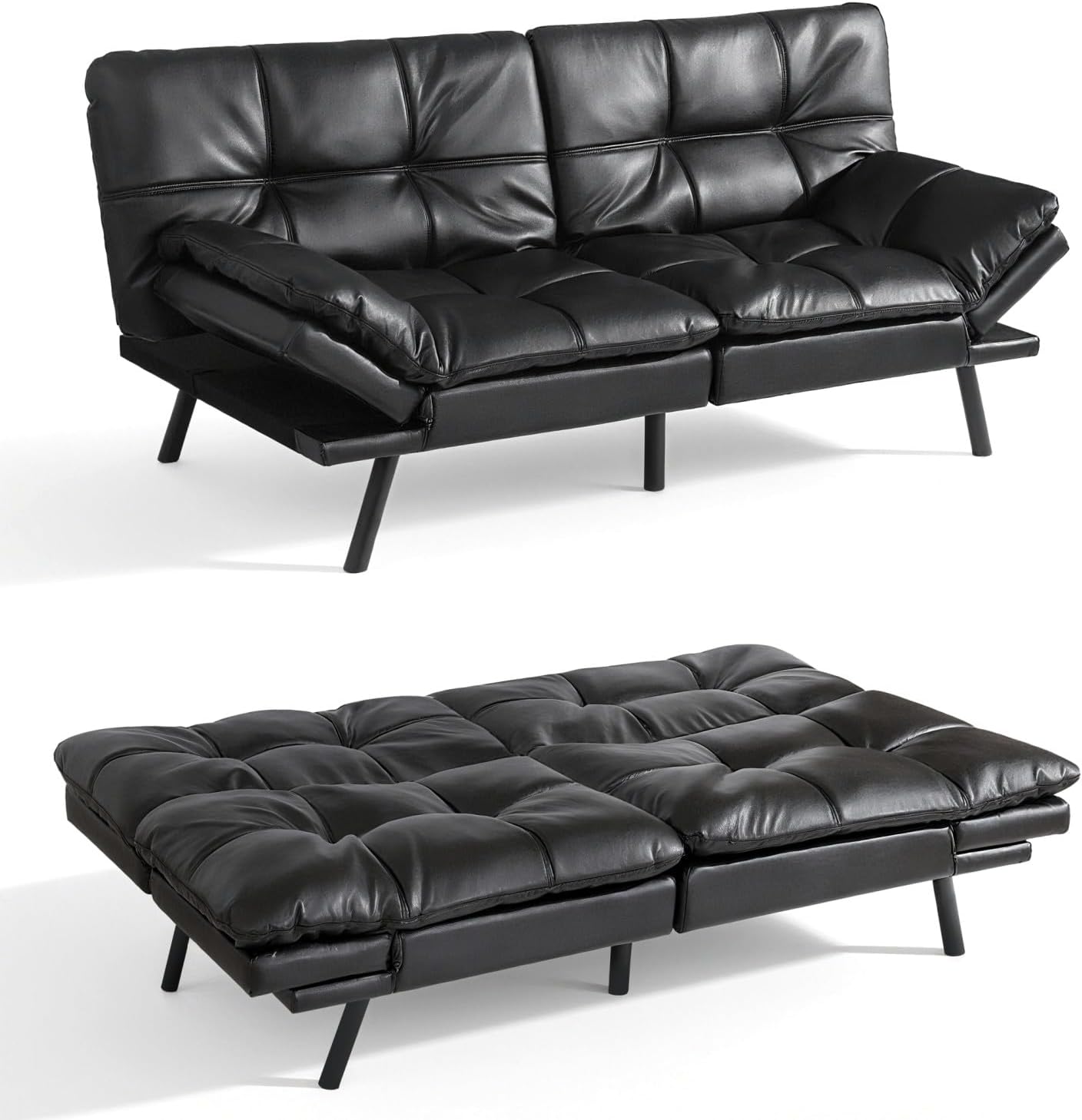 Vipbear 71' Futon Sofa Bed - Convertible Sofa Beds/Adjustable Backrest & Armrest, Comfy Loveseat Sleeper for Small Spaces, Apartments & Offices,Faux Leather Black Futons