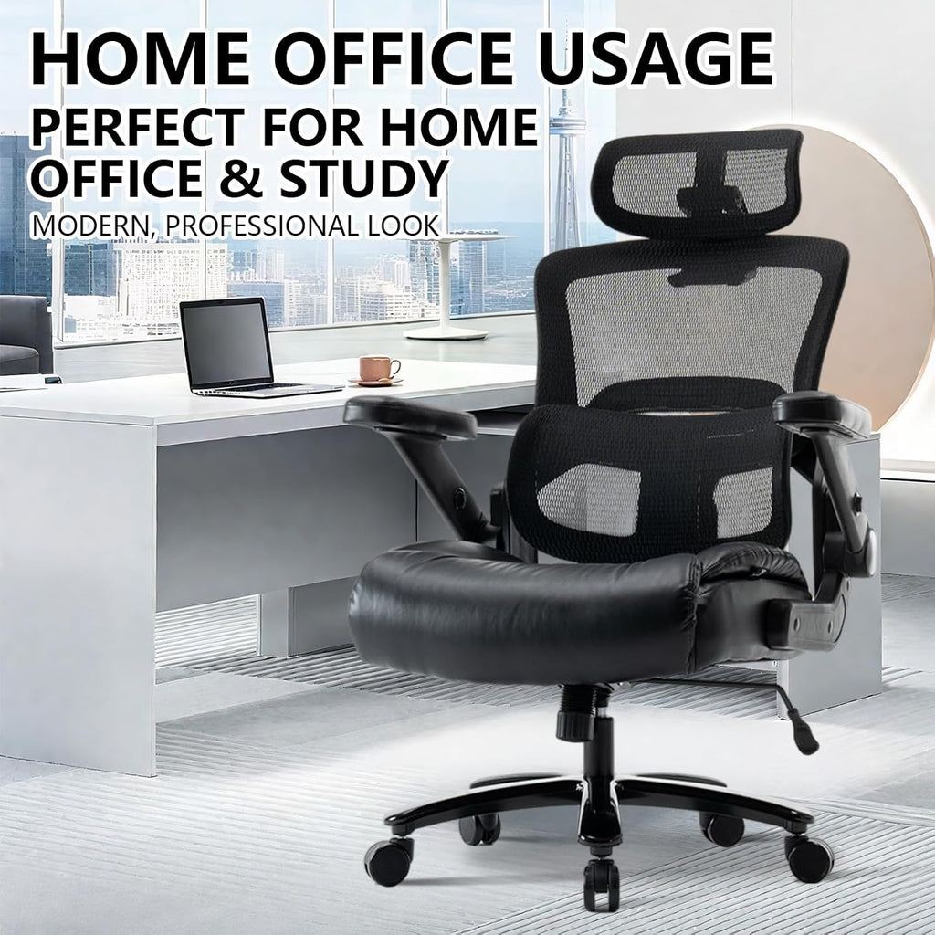 Vigosit Ergonomic Office Chair with Flip-Up Arms, Mesh Back, Adjustable Headrest, Padded Seat Cushion, Lumbar Support, High Back Desk Chair for Home Office – 330lbs Capacity