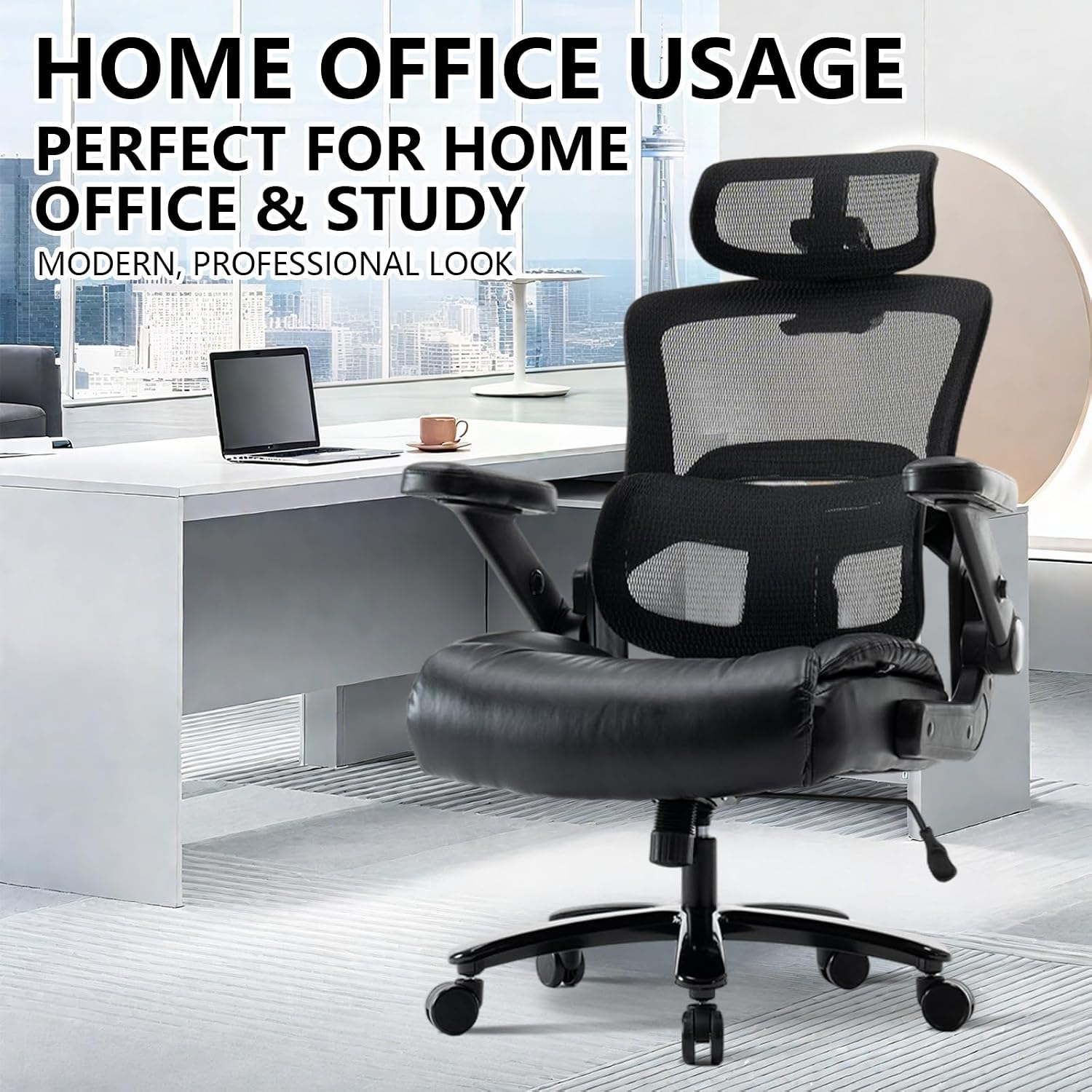 Vigosit Ergonomic Office Chair with Flip-Up Arms, Mesh Back, Adjustable Headrest, Padded Seat Cushion, Lumbar Support, High Back Desk Chair for Home Office – 330lbs Capacity