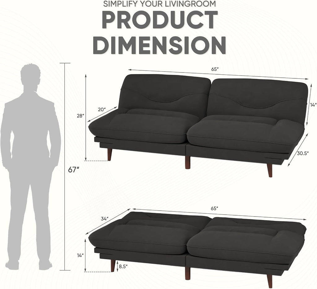 JUMMICO Convertible Futon Sofa Bed, Sleeper Futon Couch with Adjustable Backrest and Armrests, Modern Loveseat with Sturdy Wood Frame for Small Spaces, Apartments (Fabric, Black)