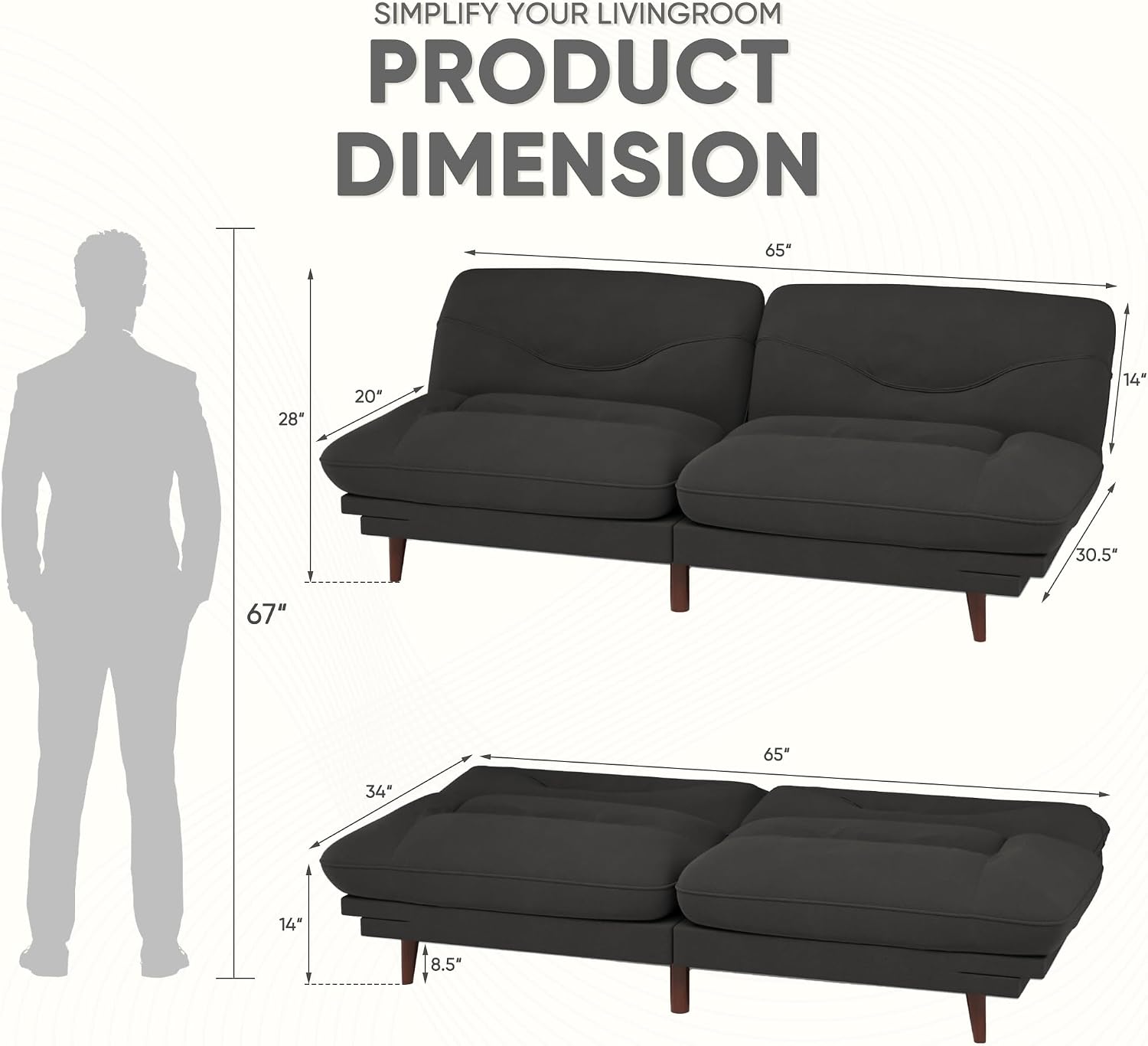 JUMMICO Convertible Futon Sofa Bed, Sleeper Futon Couch with Adjustable Backrest and Armrests, Modern Loveseat with Sturdy Wood Frame for Small Spaces, Apartments (Fabric, Black)
