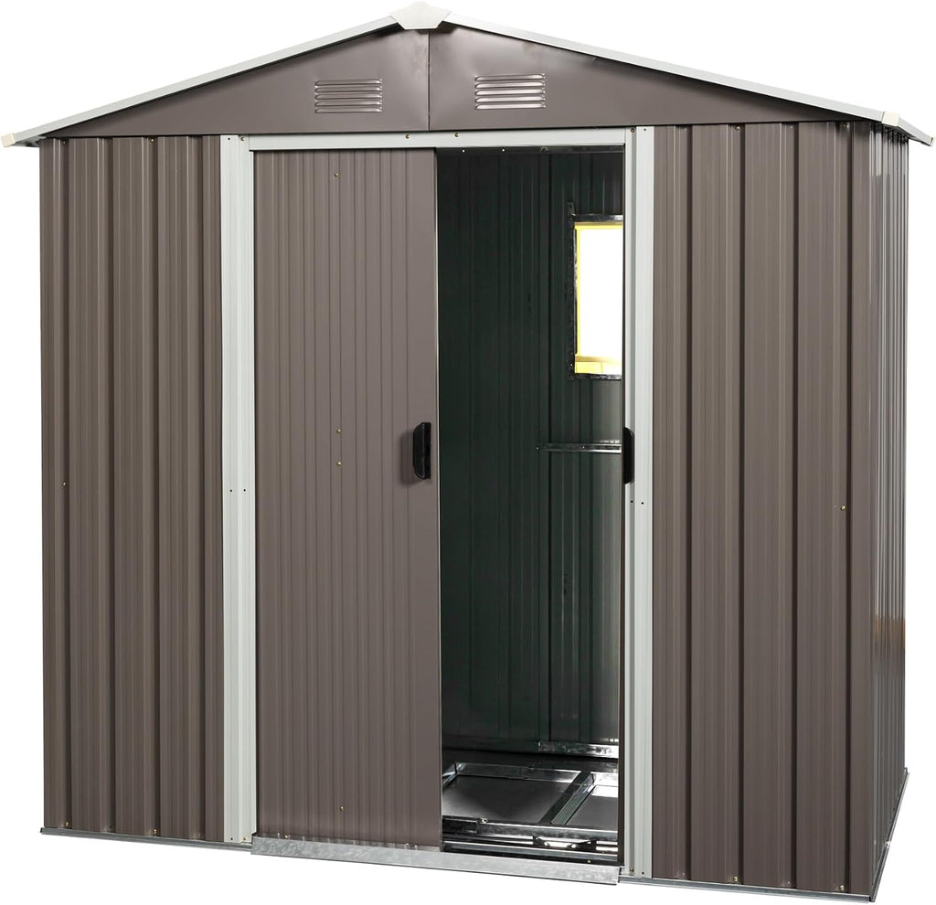 89in x 47in Heavy-Duty Outdoor Metal Storage Shed with Floor Foundation & Window - Galvanized Steel Tool Shed, Tiny Home Backyard Solution w/Lock, Shelves & Anchors,Gray