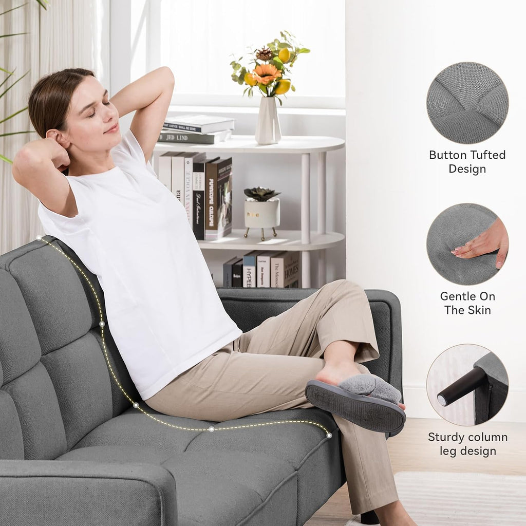 COMHOMA 76 inch Futon Sofa Bed, Mid Century Modern Futon Couch with Adjustable Backrest, Fabric Convertible Sofa Cama, Folding Sleeper Sofa for Living Room, Bedroom, Dark Gray