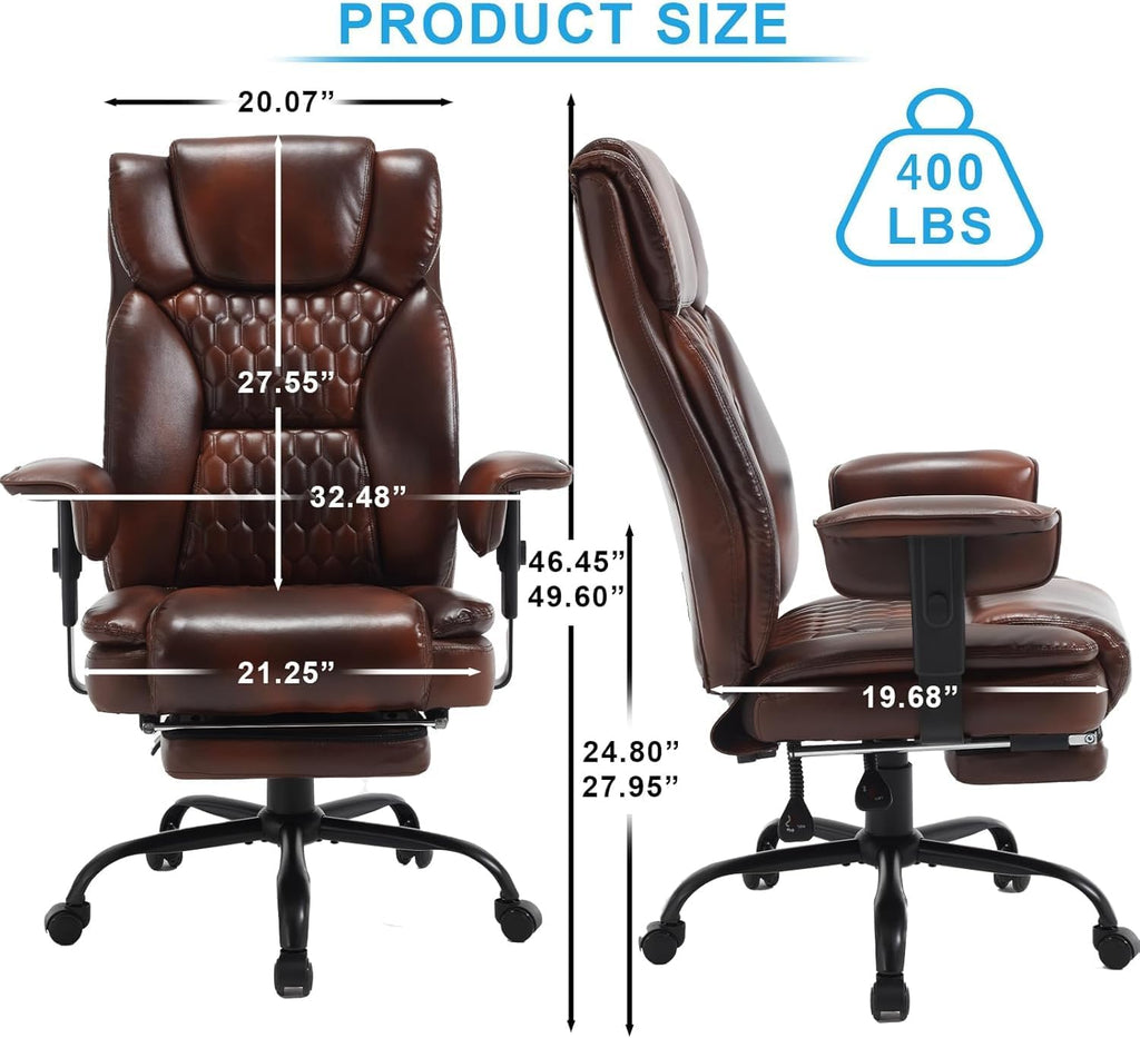 400lb Brown Office Chair,Big and Tall Reclining Office Chair with Footrest, High Back Executive Computer Chair with Wheels Pu Leather Recliner Office Desk Chairs with Lumbar Support for Adult