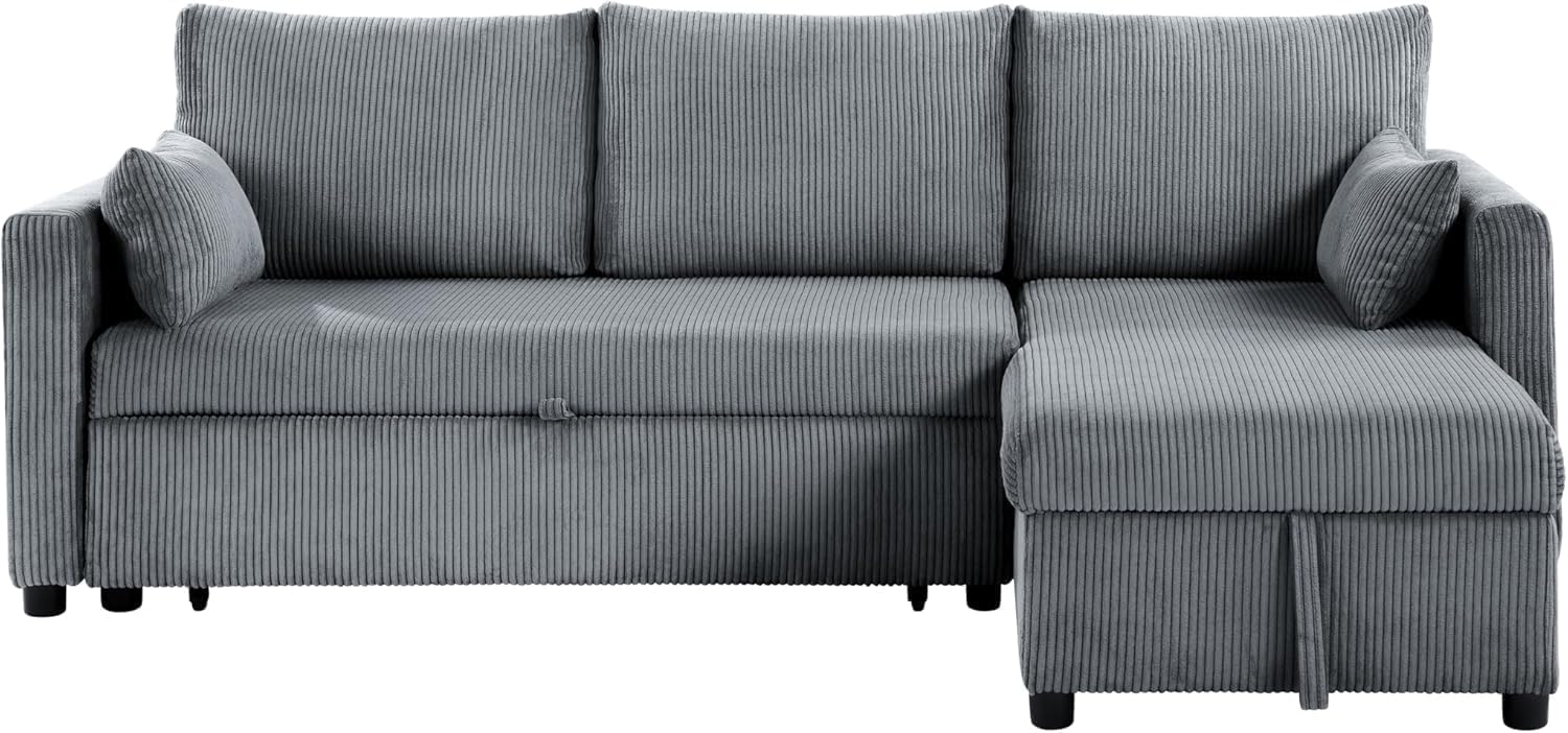 Queen Sleeper Sofa, Convertible Sofa Bed with Storage, 85 Inch Sectional Couch with Pull Out Bed, L Shaped 3 Seat Sectional Sleeper Sofa for Living Room, Apartment, Grey