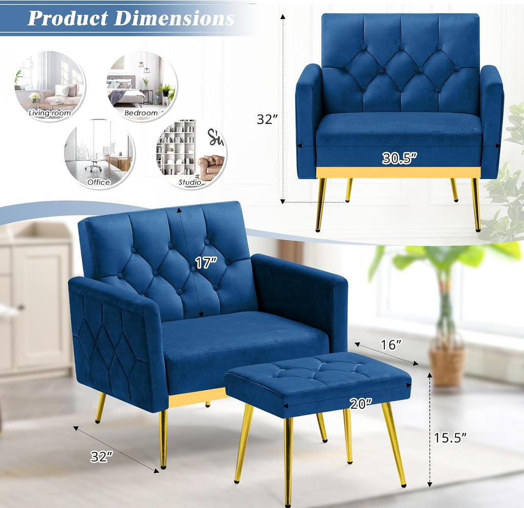 2 Pieces Velvet Sofa Set w/Adjustable Armrests and Backrests, Tufted Accent Chair w/Ottoman, Convertible Futon Sofa Bed for Bedroom, Living Room, Apartment, Blue