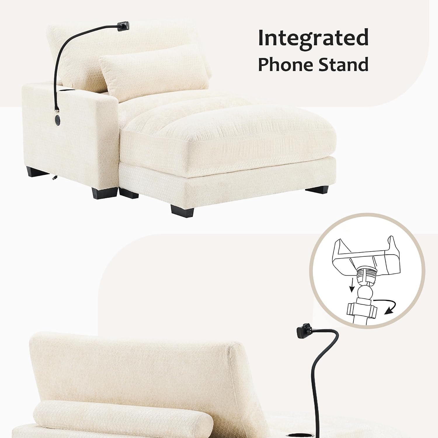 Yoglad Oversized Recliner Lounge Chair with USB Charging & Phone Holder - 400lb Heavy Duty Soft Chenille Reading Chair for Adults, Perfect for Small Spaces in Bedroom/Living Room, Beige