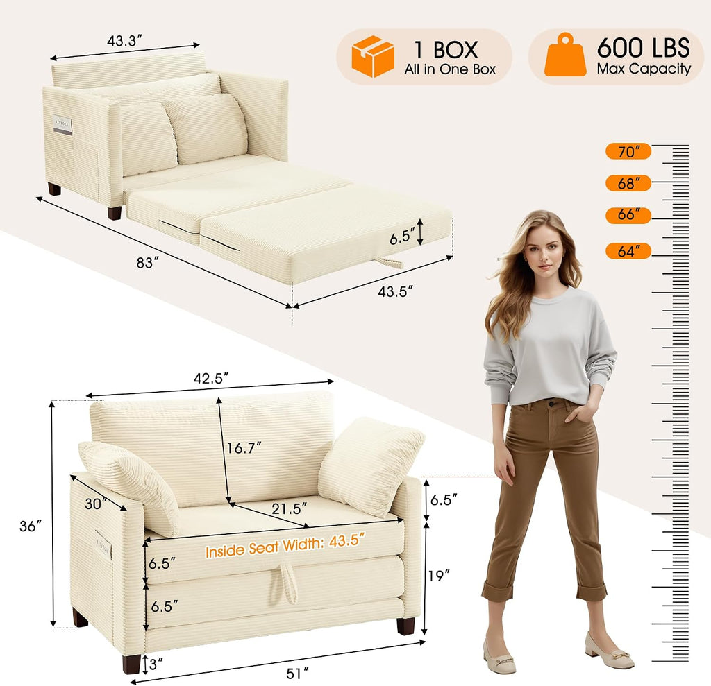 51' Loveseat Sleeper Sofa Bed, Corduroy Convertible Floor Sofa Bed for Small Spaces, Folding Couch Bed with Deep Seat, 2 Pillows & Solid Frame, Pull Out Floor Couch for Living Room, Beige