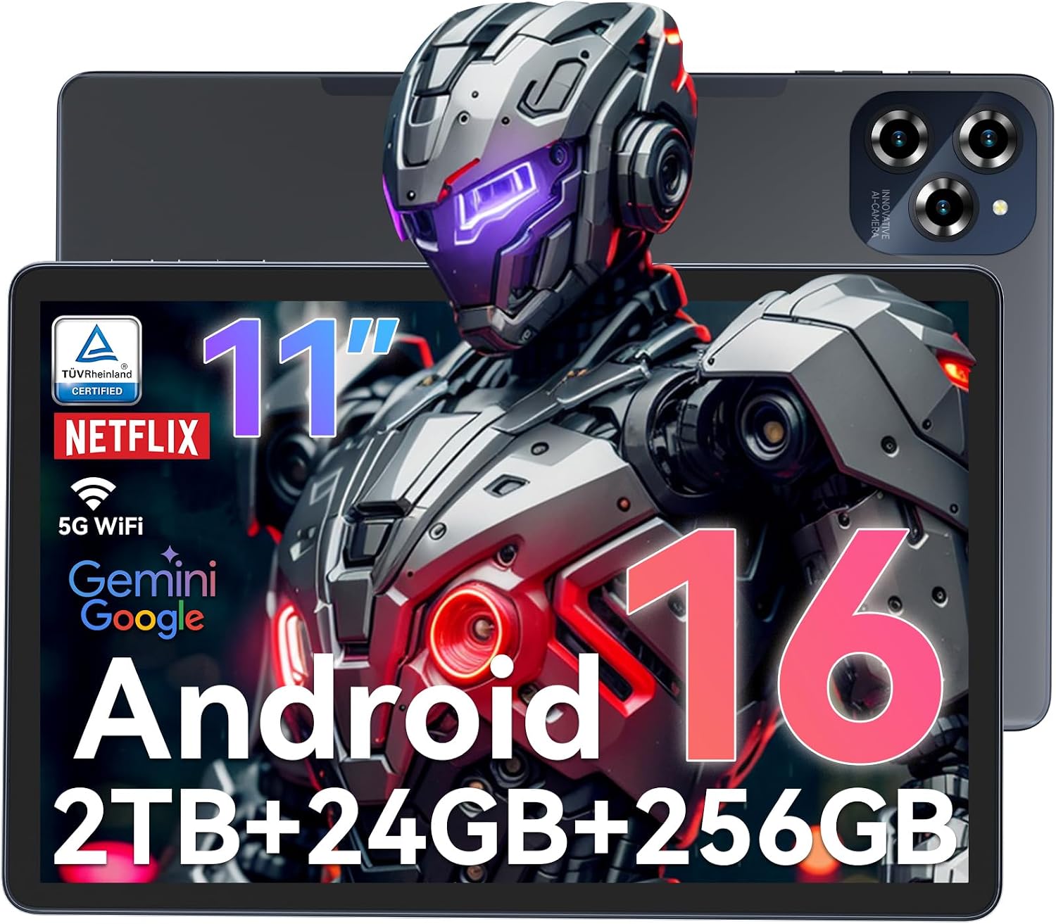 Tablet Android 16 Tablet-11 Inch FHD Display, 24GB RAM 256GB ROM /2TB TF, T615 Octa-Core AI Tablets, 8000mAh/18W Fast Charge, 5G WiFi & 16MP Camera, TÜV Certified HD for Streaming/Gaming