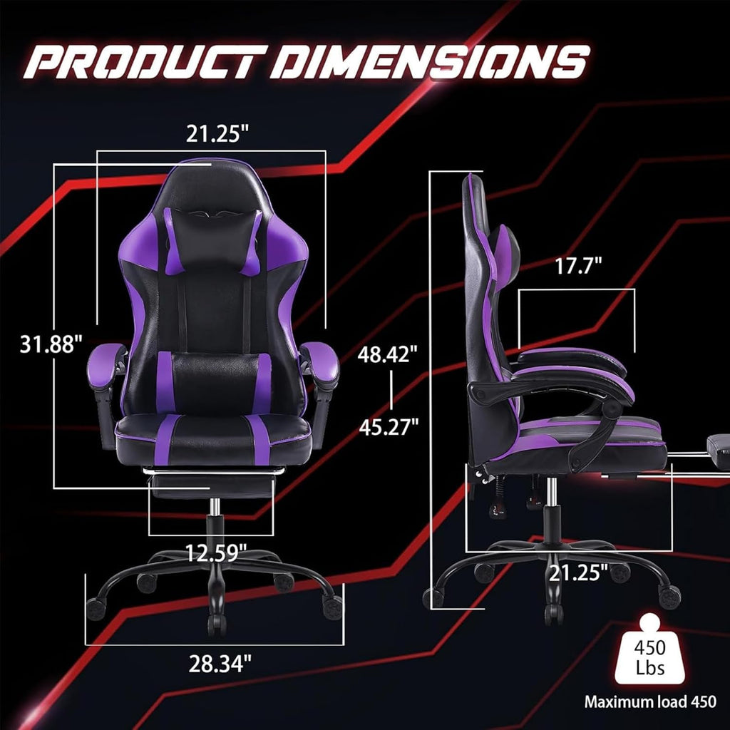 Video Game Chairs for Adults, PU Leather Gaming Chair with Footrest, 360° Swivel Adjustable Lumbar Pillow Gamer Chair, Comfortable Computer Chair for Heavy People, Purple