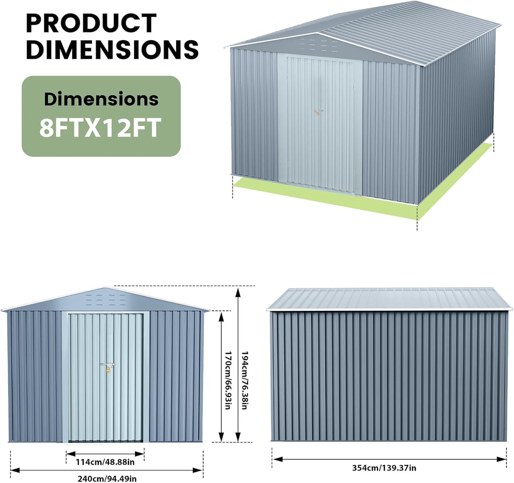 8x12 FT Outdoor Metal Storage Shed, Large Metal Storage Sheds with Sturdy Frame Structure, Garden Tool Shed with Lockable Door for Garden, Lawn, Backyard, Gray