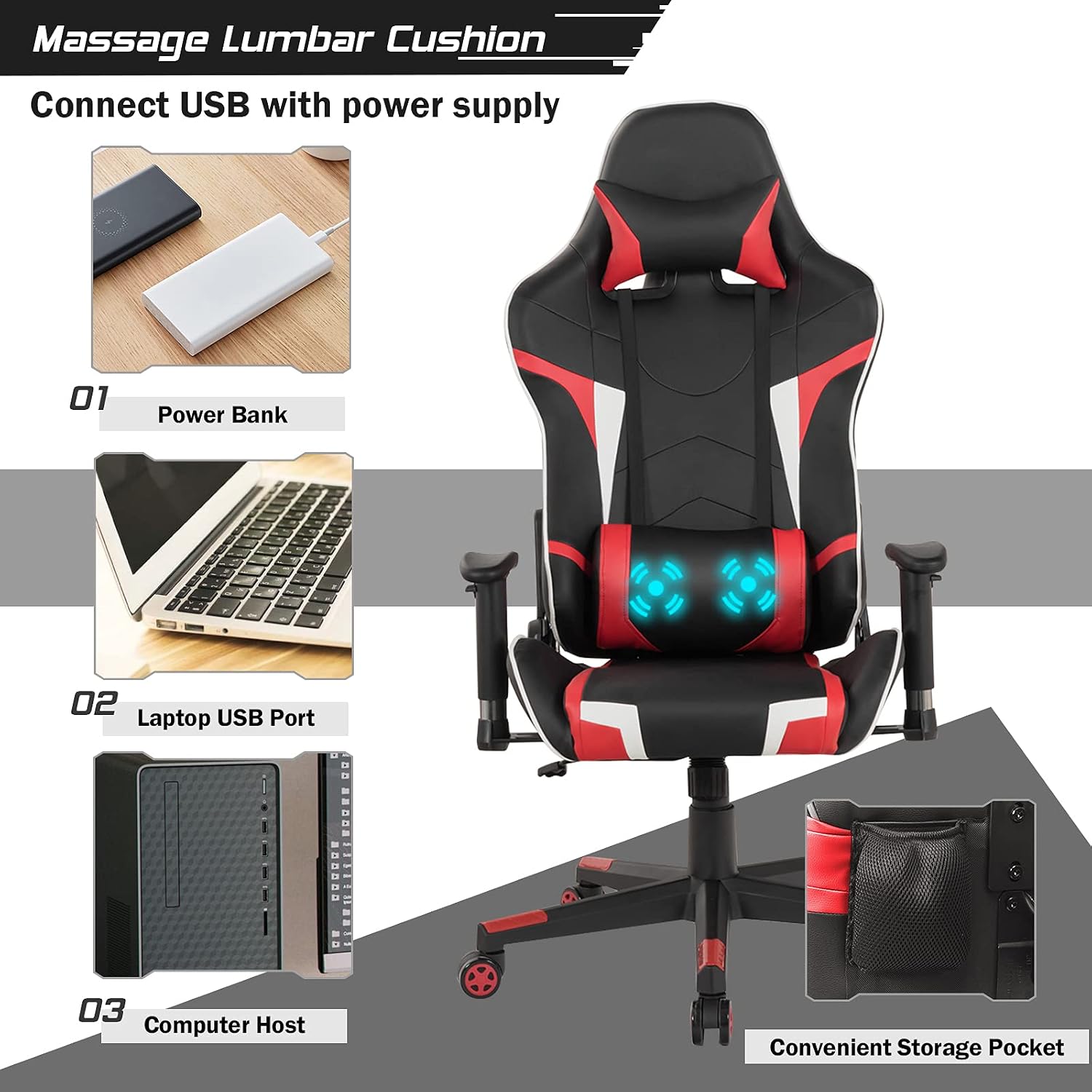 GORELAX Massage Gaming Chair, Reclining Game Room Computer Chairs for Adults w/Lumbar Support, Adjustable Arms, Wheels, Racing Style Home Office Chair for Heavy People (Red)