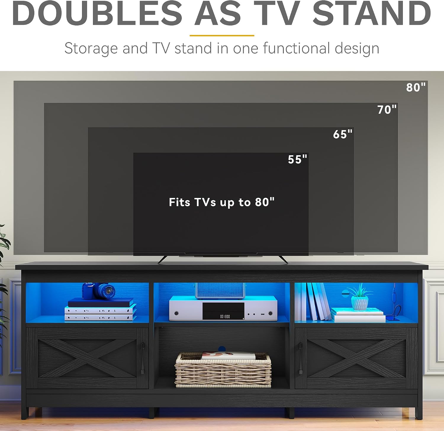 DWVO Farmhouse TV Stand with Power Outlets & LED Lights, Entertainment Center for TVs up to 80', TV Console with Storage Cabinets & Open Shelves for Living Room (Black)