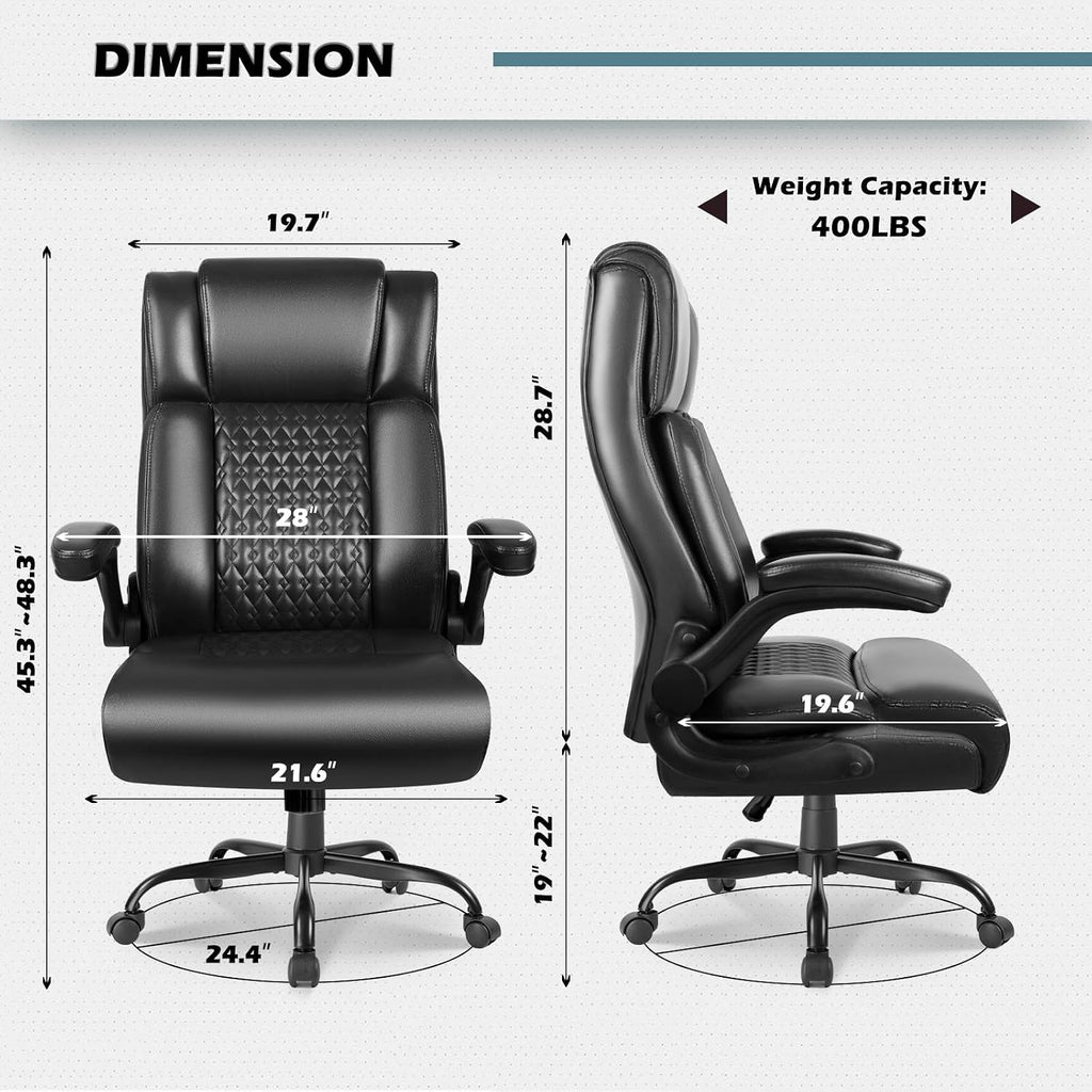 LEMBERI High Back Executive Office Chair for Adult, Big and Tall Leather Home Desk Chairs with Padded Flip-up Arms, Swivel Rolling Computer Gaming Chair (Black)
