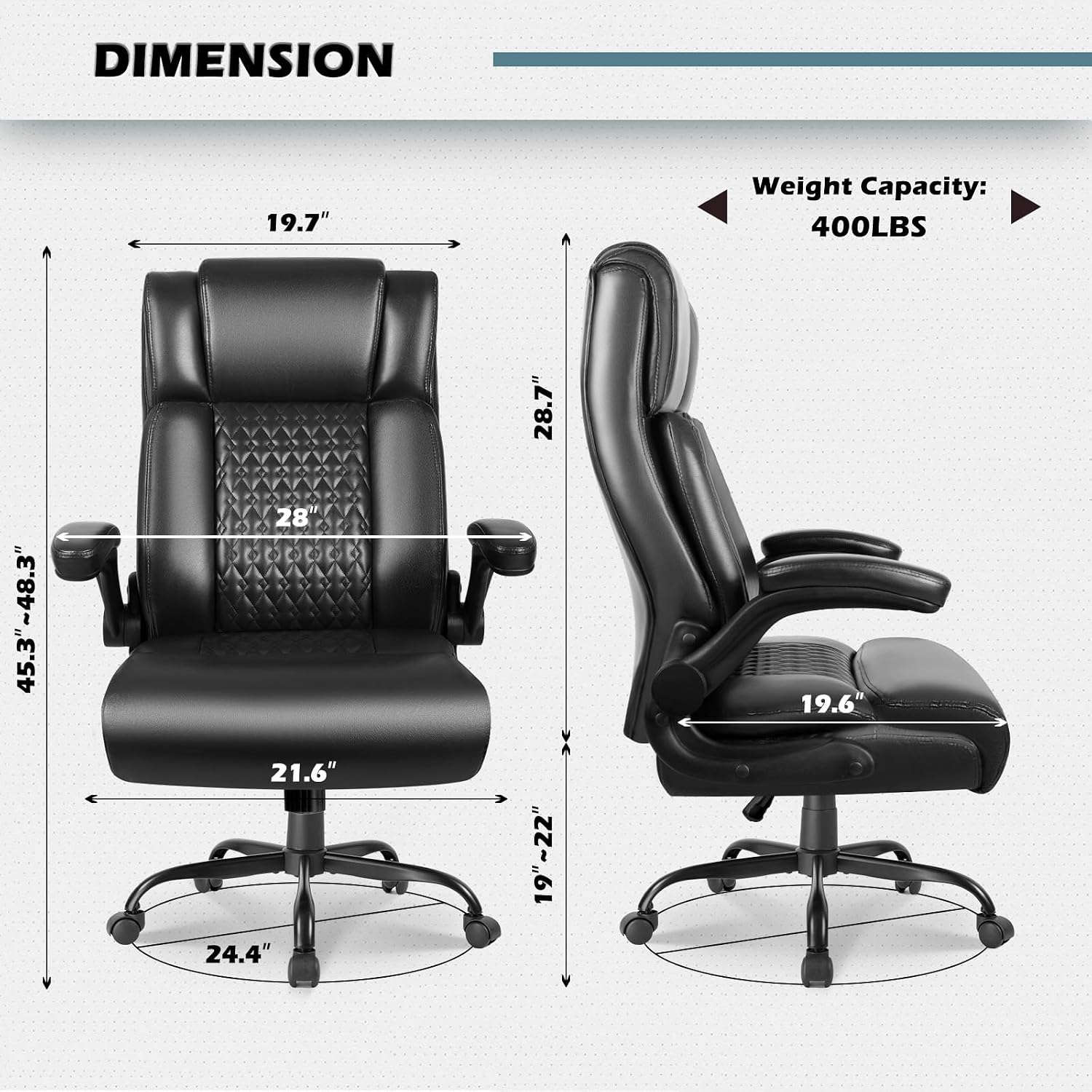 LEMBERI High Back Executive Office Chair for Adult, Big and Tall Leather Home Desk Chairs with Padded Flip-up Arms, Swivel Rolling Computer Gaming Chair (Black)