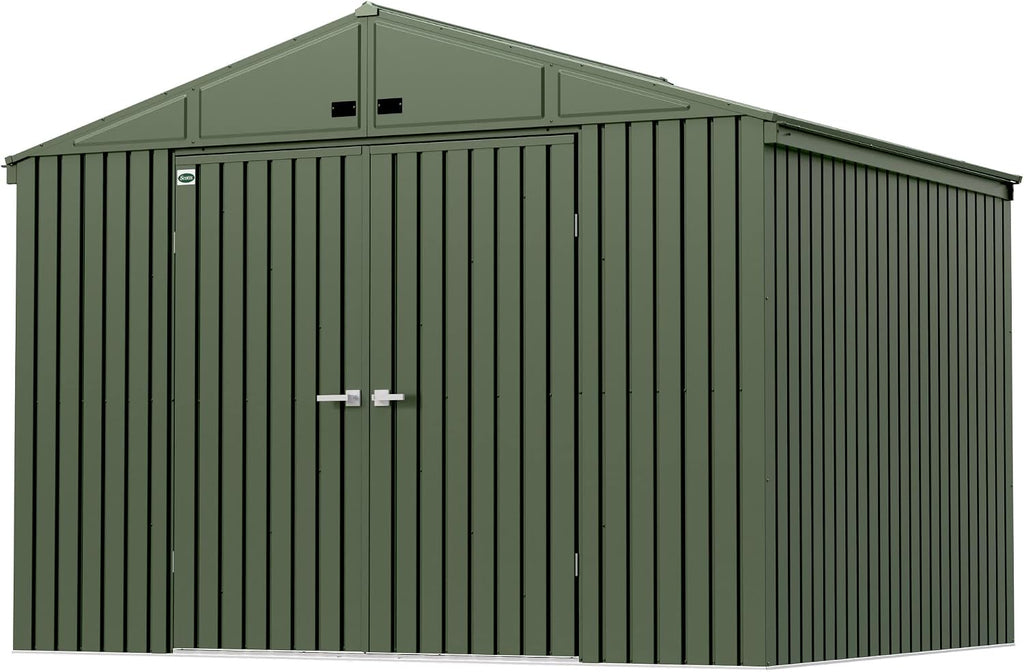 Scotts 10' x 8' Outdoor Lockable Water-Resistant Steel Storage Shed Building with Tool Hanger and Gable Roof, Green