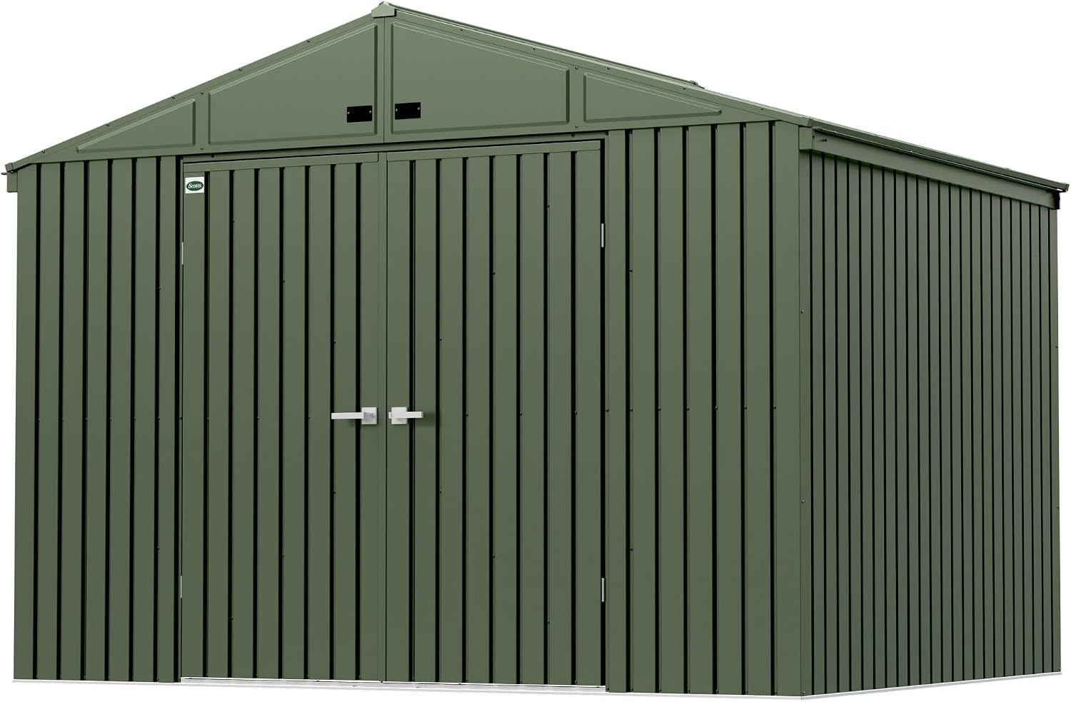 Scotts 10' x 8' Outdoor Lockable Water-Resistant Steel Storage Shed Building with Tool Hanger and Gable Roof, Green