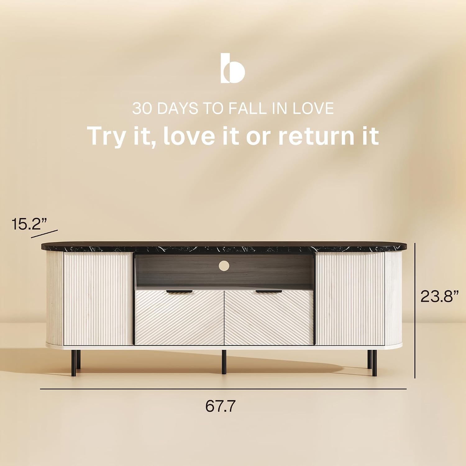 BELLEZE 68 inch Fluted TV Stand Modern Chic Faux Marble Top, Curved Profile Entertainment Center with Storage for TVs Up to 80 inch, Media Console Tv Cabinet for Living Room (White Sand)