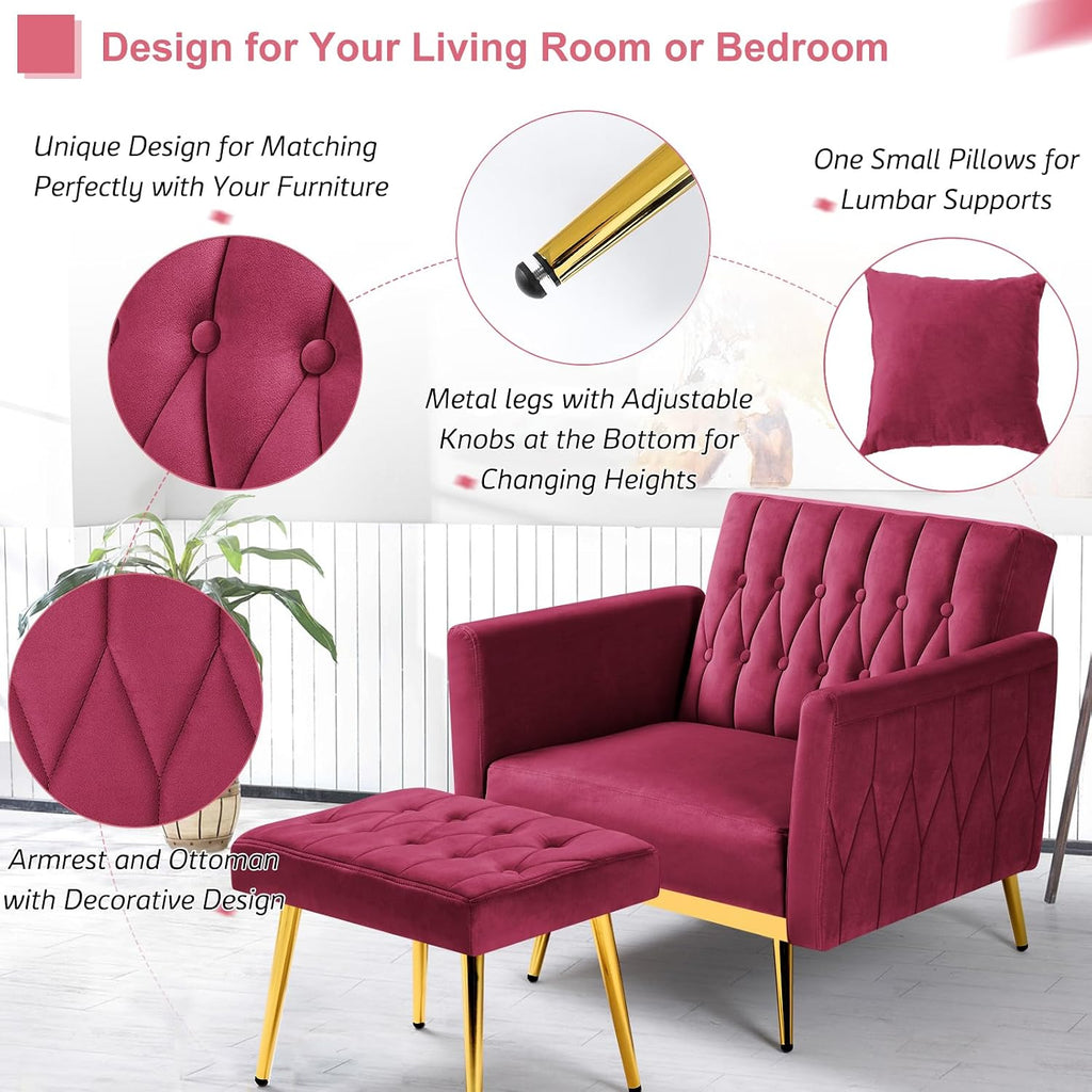 2 Pieces Velvet Futon Sofa Set with Adjustable Backrests and Armrests, 70' Convertible Sofa Bed & Tufted Accent Chair with Ottoman for Living Room, Fuchsia