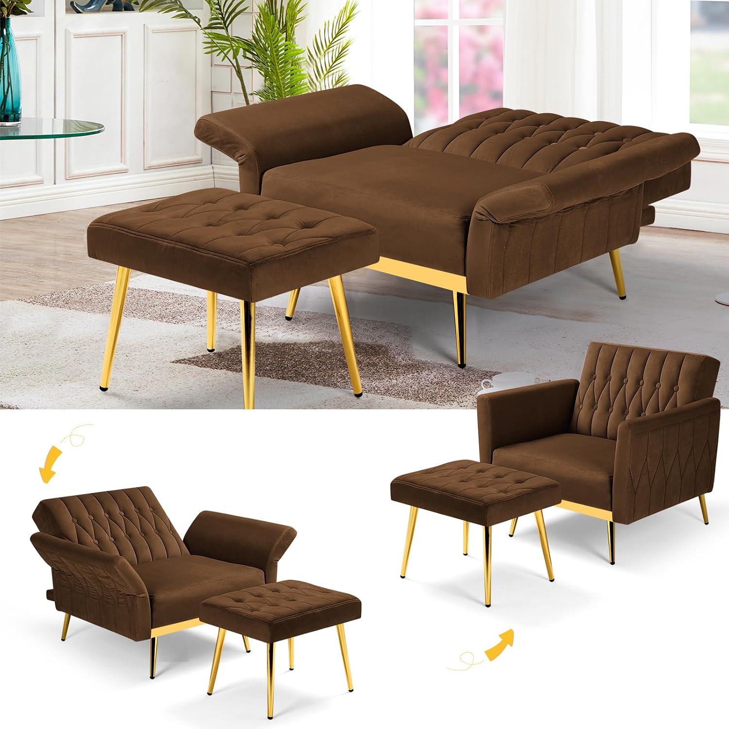 2 Pieces Velvet Sofa Set with Adjustable Armrest and Backrest, 70' Convertible Futon Sofa Bed & Mordern Accent Chair with Ottoman for Living Room, Bedroom, Brown
