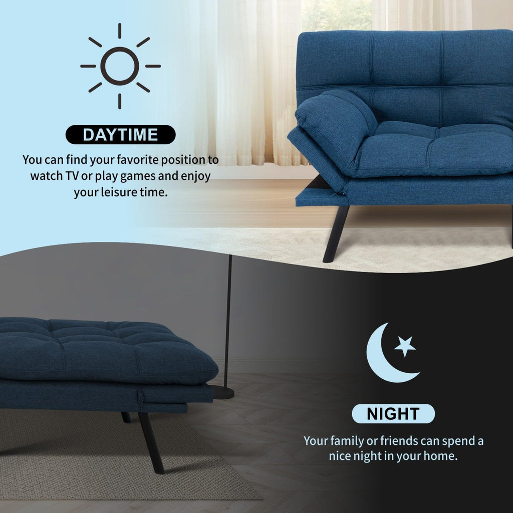 MUUEGM 71' Convertible Futon Sofa Bed, Upholstered Small Futon Couches with Adjustable Backrest, Loveseat Sleeper Bed for Compact Living Room Studio Office (Blue)