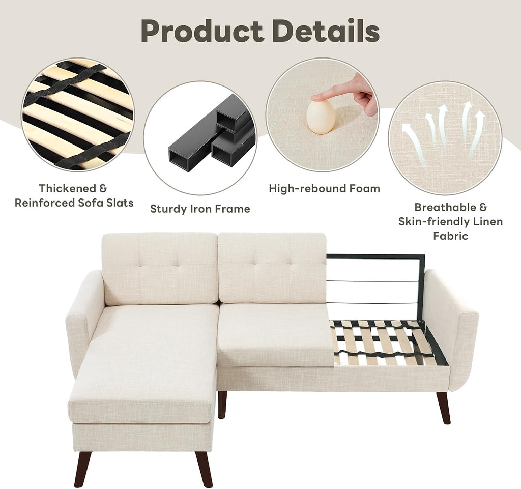 Tbfit L Shaped Couch Sofa, 80' W Mid-Century Modern Sectional Couches, 3 Seater Sofas with Wide Chaise Lounge, Button Tufted Upholstered Sectional Sofa for Living Room, Bedroom, Beige