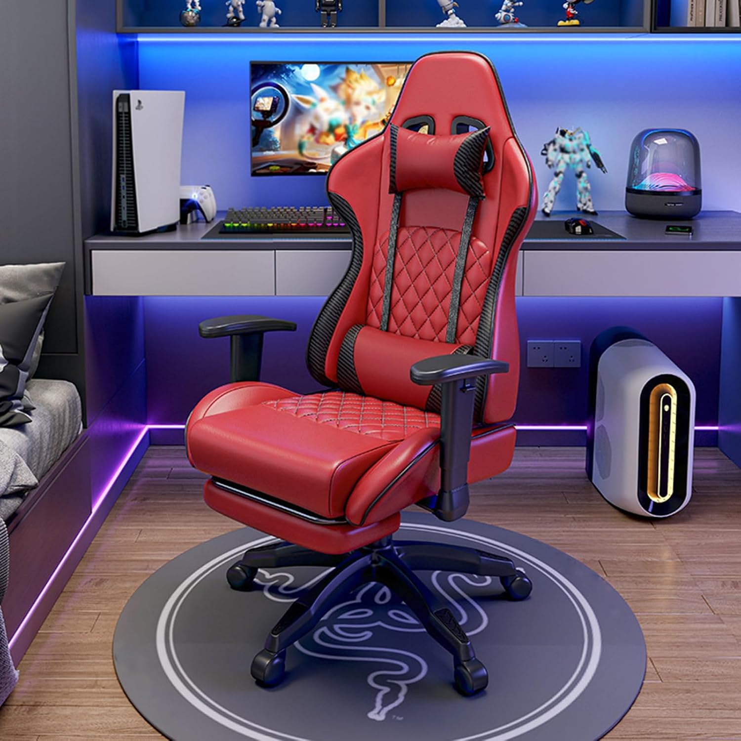 Gaming Chair Computer Chair with Footrest Breathable PVC Leather Video Game Chairs with Lumbar Support and Headrest 360 Degree Swivel Chair with Adjustable Ergonomic Backrest for Adults