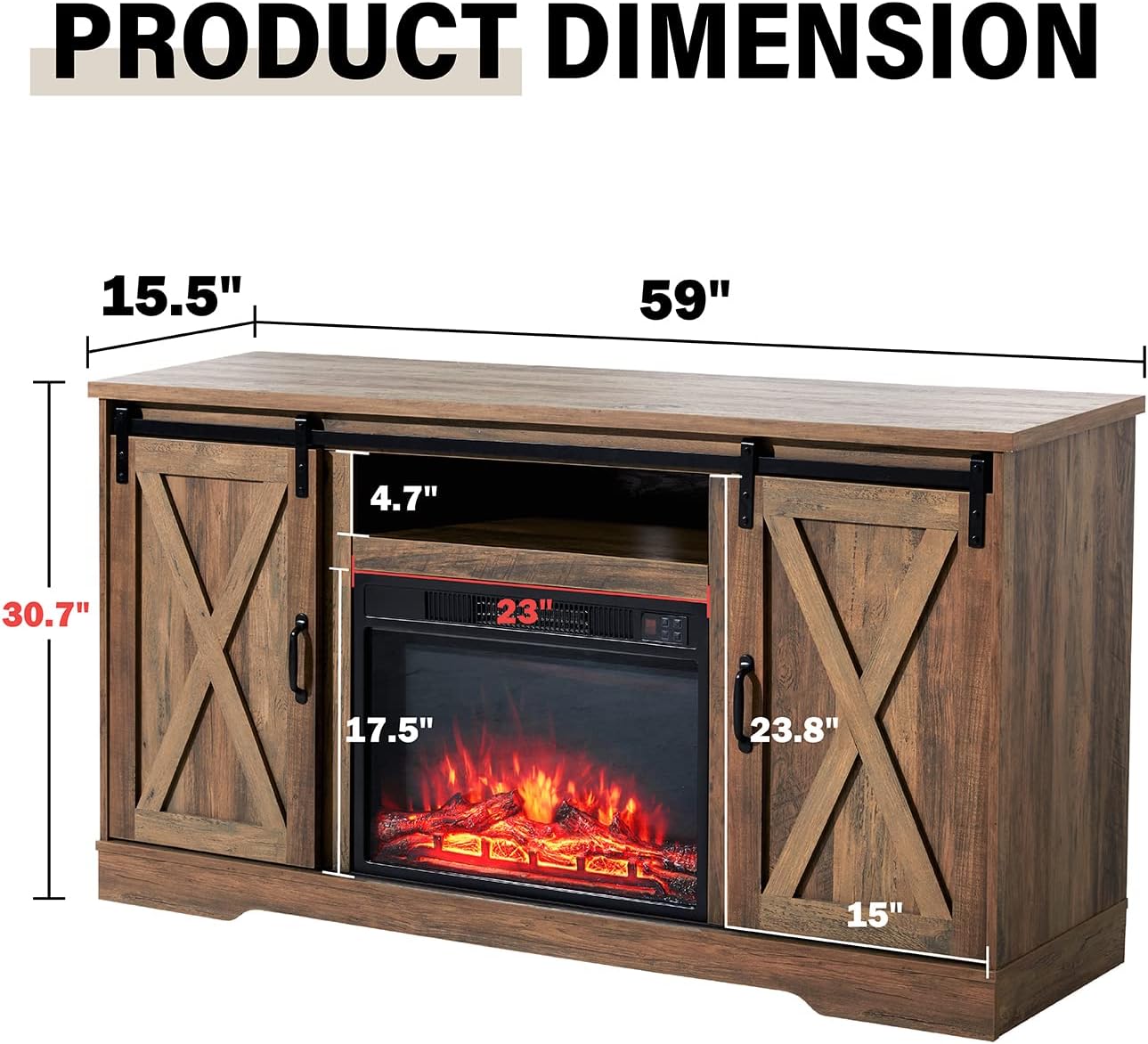 AMERLIFE 59' Fireplace TV Stand for TVs up to 65', Farmhouse Entertainment Center with Sliding Barn Doors, Storage Cabinets and Adjustable Shelves, Barnwood