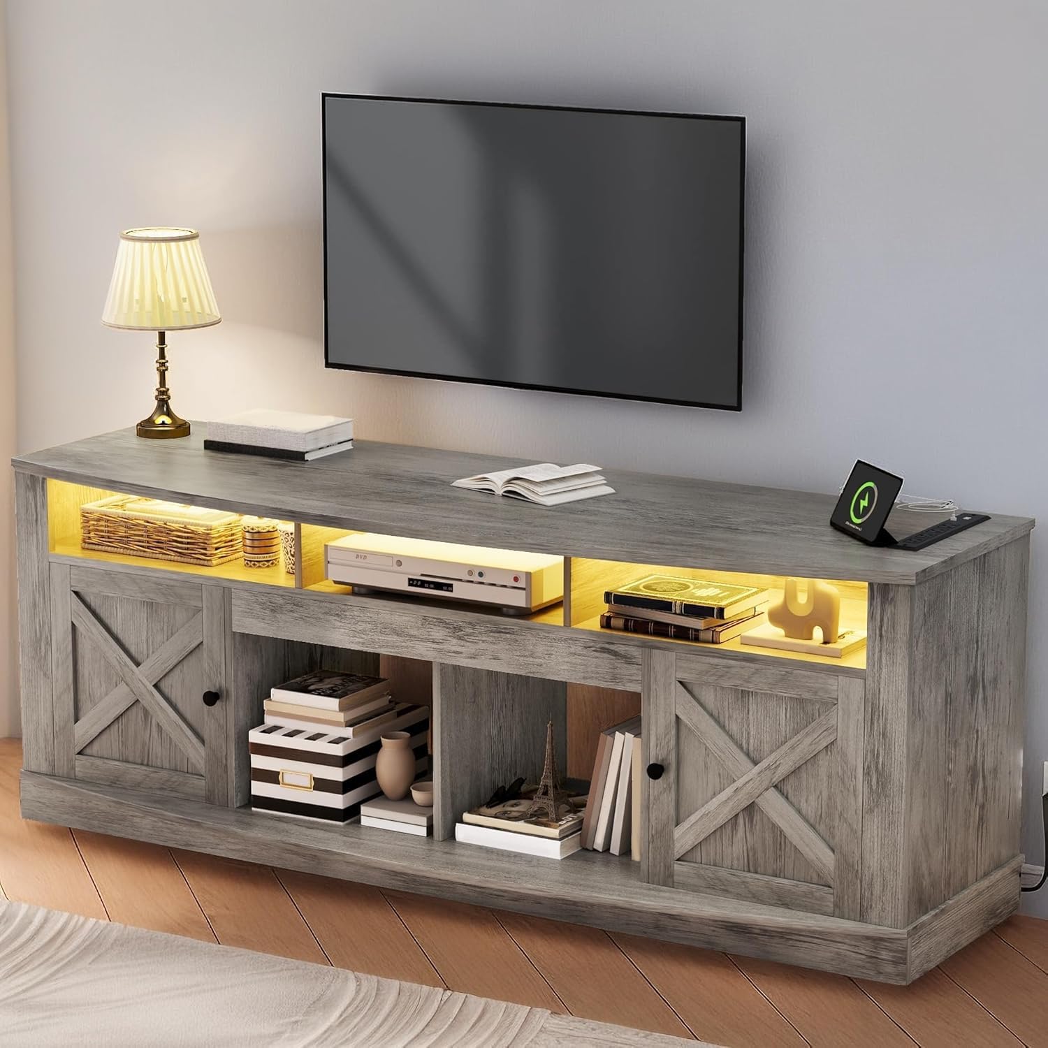YITAHOME TV Stand for 75/80 Inch TV, Light Rustic Grey Entertainment Center 70 Inches Wide, Media Furniture TV Table with with Power Outlet, TV Consoles for Living Room, Curved Desktop