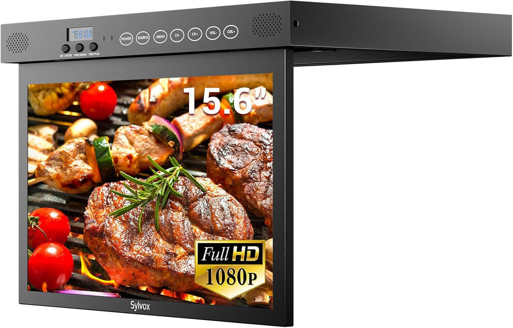 SYLVOX 15.6 inch Smart TV for Kitchen, 1080P Under Cabinet TVs, 12V Smart Google TV Rotated & Folded, Support Google Assistant WiFi Bluetooth, Small Television for Kitchen, Bedroom, RV Camper, Black