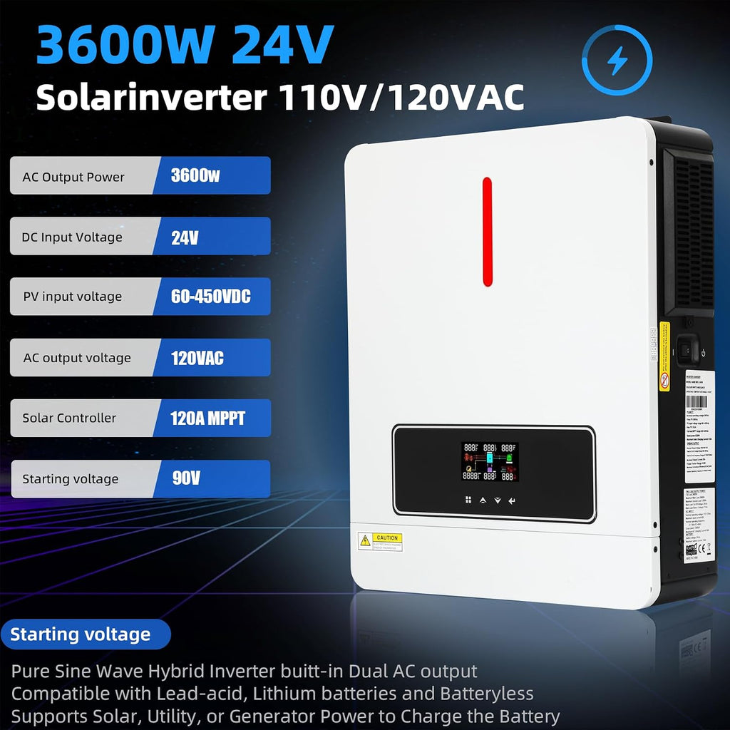 3600W Hybrid Solar Inverter 24VDC to 110V/120VAC All-in-One Pure Sine Wave Hybrid Solar Inverter with 120A MPPT Charge Controller Ideal for Home & Outdoor Use