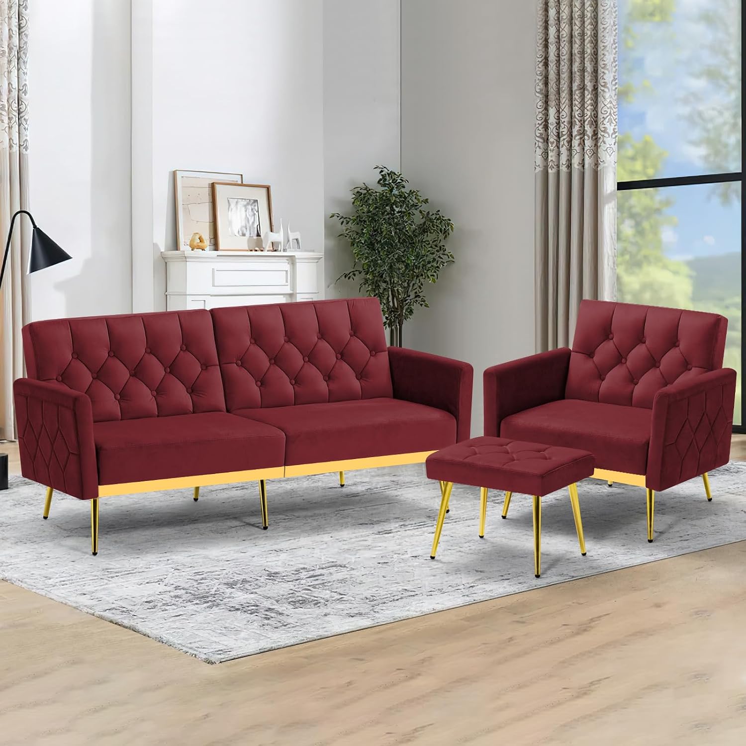 2 Pieces Velvet Sofa Set w/Adjustable Armrests and Backrests, Tufted Accent Chair w/Ottoman, Convertible Futon Sofa Bed for Bedroom, Living Room, Apartment, Red