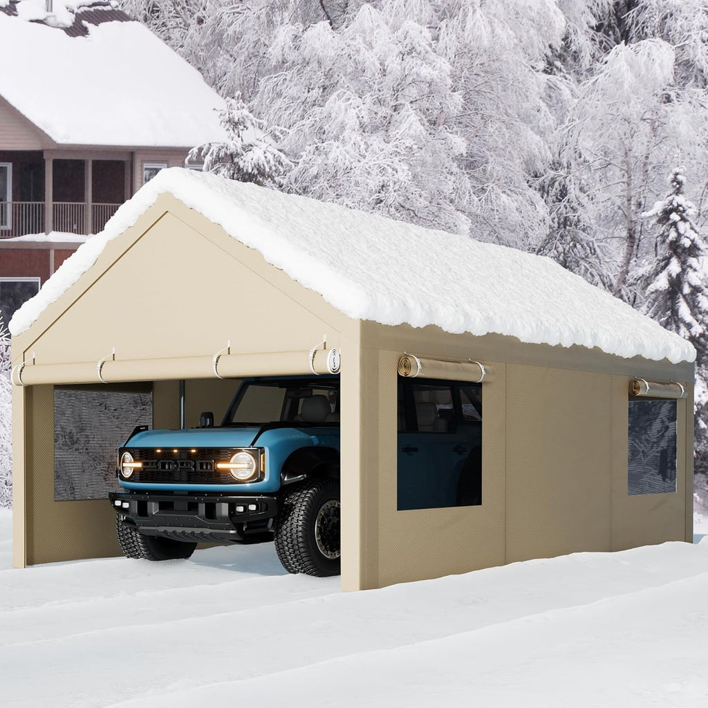 12x20 FT Heavy Duty Carport Canopy, All-Weather Vehicle Shelter with Roll-up Ventilation Windows & Removable Sidewalls, Portable Garage for SUV, Truck, Boat, Khaki