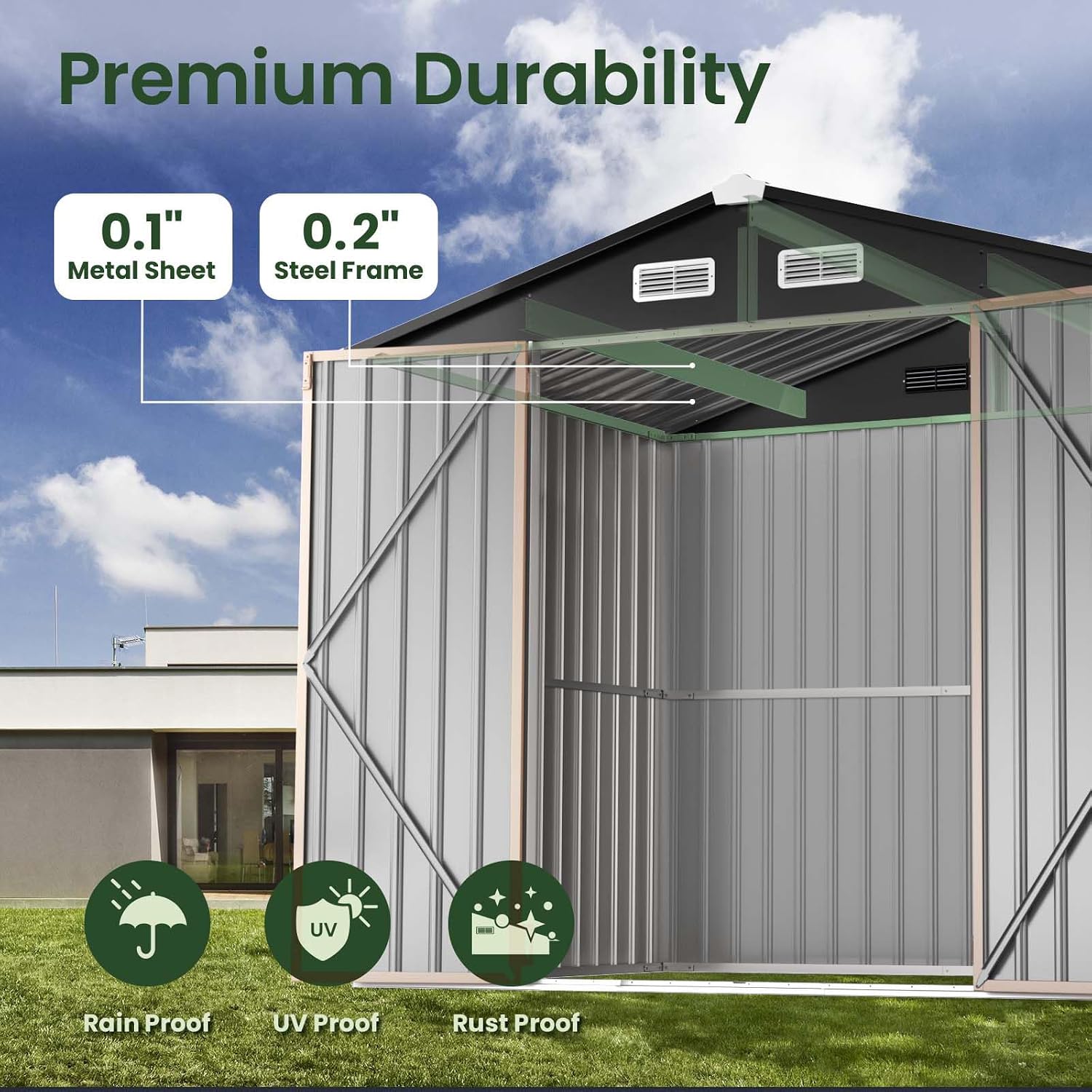 GVDV 8x6 FT Full Size Outdoor Metal Storage Shed with Floor, Durable Garden Shed with Reinforced Sidewall Girts & Updated Frame Structure, All-Weather Shelter for Backyard, Patio, Tool, Bike Storage