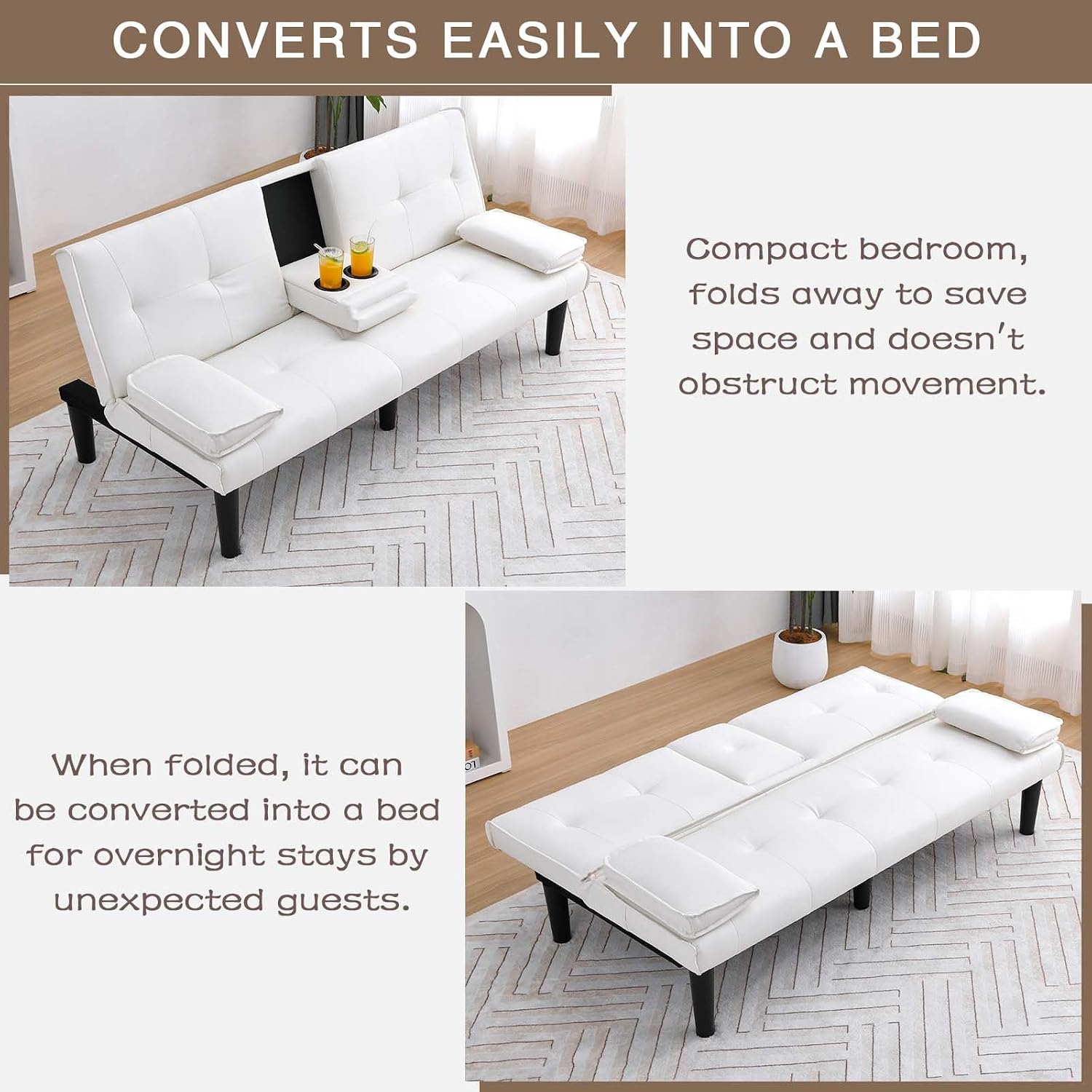 67' Futon Sofa Bed,Convertible Sofa Bed with 2 Cup Holders,Sleeper Couch PVC Leather Removable Soft Armrest Small Couch for Living Room Apartments ﻿ (White)