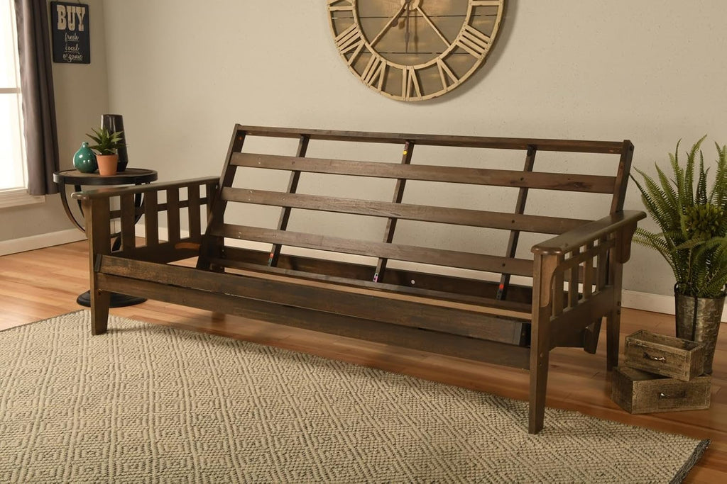 Tucson Rustic Walnut Frame and Mattress Set with Choice to add Drawers, 8 Inch Innerspring Futon Sofa Bed Full Size Wood (Kodiak Bear Matt and Frame (No Drawers))