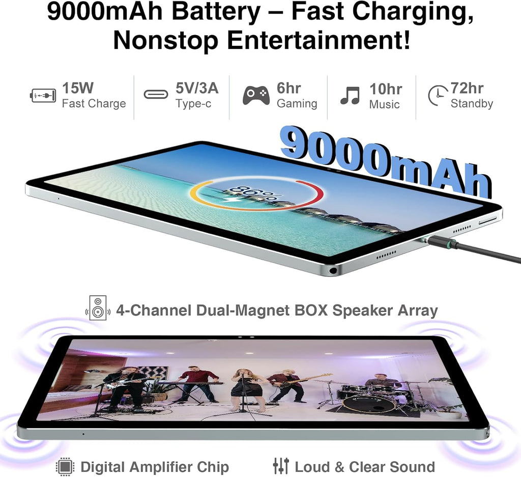 2026 Latest 11 inch Android Tablet, 18GB RAM 128GB ROM, 1TB Expandable, 2K Display, T616 Octa-Core, 13MP+5MP+5MP Camera, 9000mAh Battery, GPS, Face ID, Quad Speakers, Tablet with Keyboard and Pen