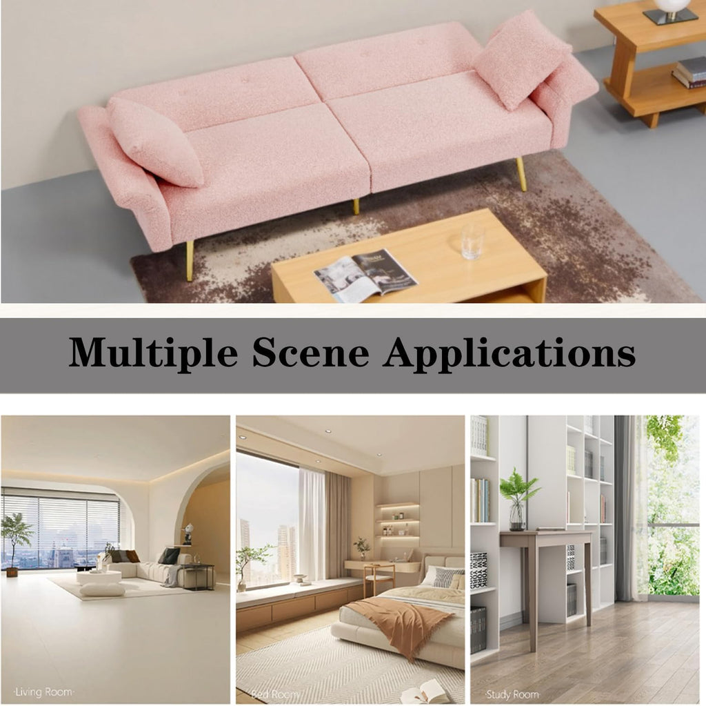 69.5'Pink Convertible Futon Sofa Bed with Adjustable Backrest and Armrests, Teddy Upholstered Loveseat Sleeper Couch with 2 Pillows and Metal Legs Love Seat for Guest Room Living Room (Pink)