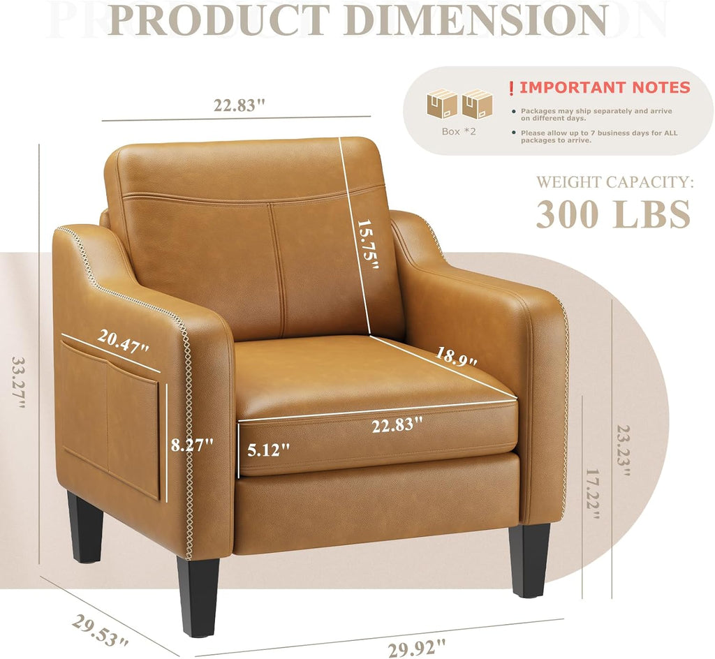 MALOL PU Leather Accent Chair Set of 2, Mid-Century Modern Living Room Armchair Sofa with Removable Cushions, Solid Wood Frame & Stitched Armrest Design, Bedroom Chair with Plastic Legs, Brown