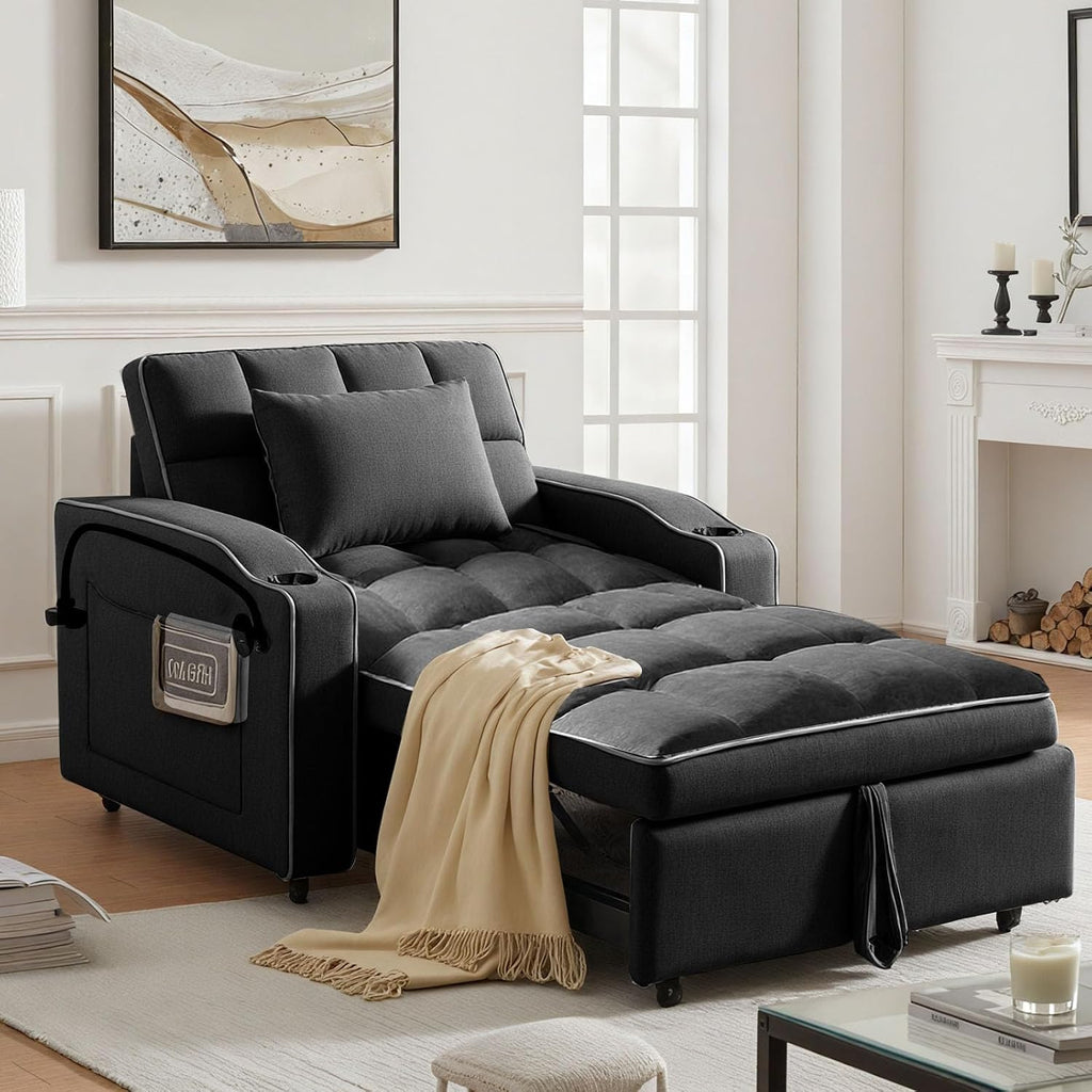 Convertible Sleeper Chair Bed, Pull Out Chair Sleeper with Bracket and Cup Holder, Chairs Bed Sleepers for Adults, 3 in 1 Sofa Bed Chairs for Small Spaces, Living Room, Black