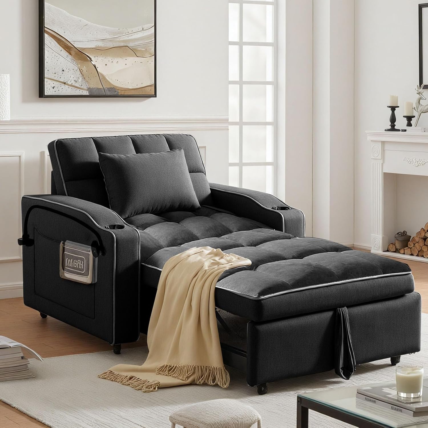 Convertible Sleeper Chair Bed, Pull Out Chair Sleeper with Bracket and Cup Holder, Chairs Bed Sleepers for Adults, 3 in 1 Sofa Bed Chairs for Small Spaces, Living Room, Black