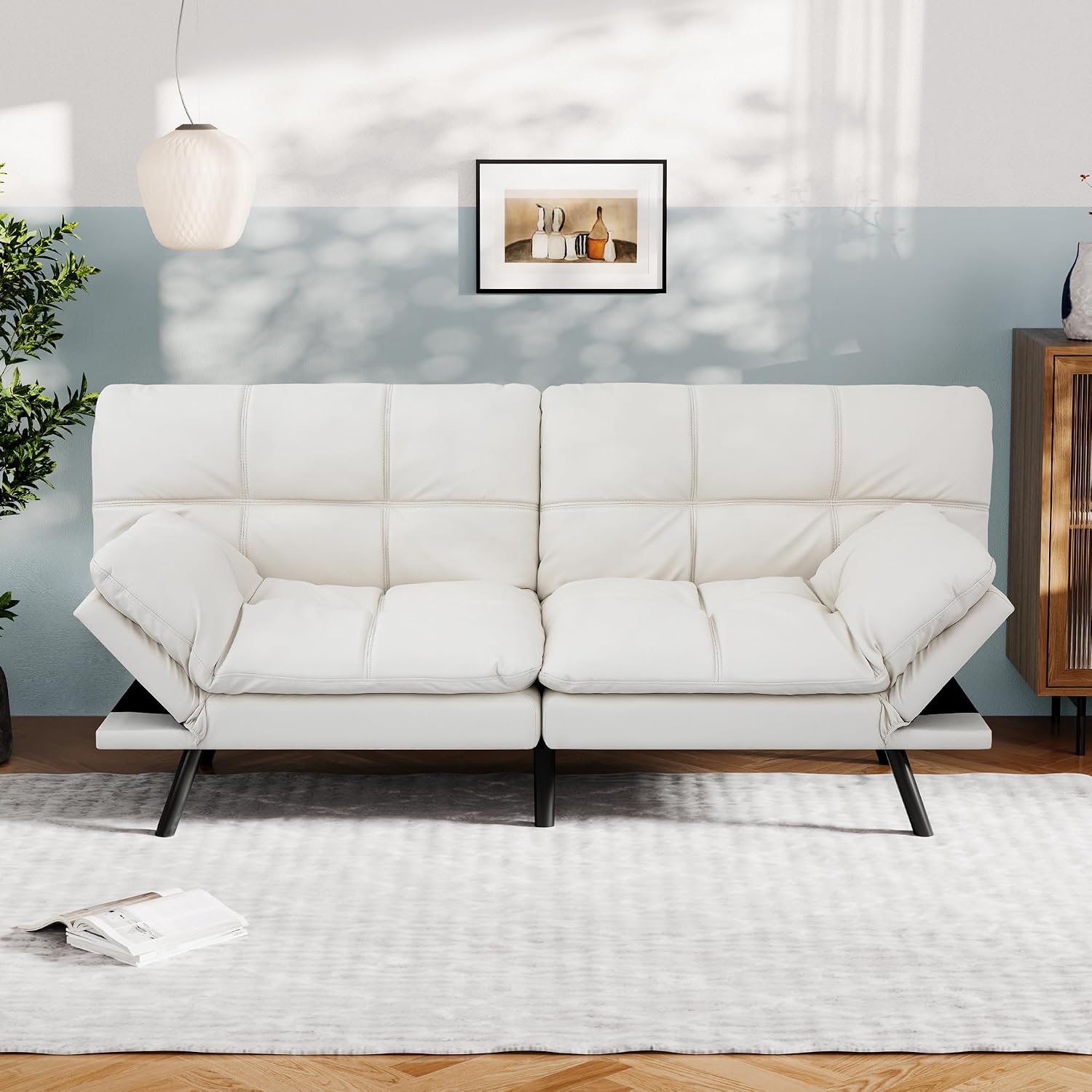 Vyfipt Convertible Futon Sofa Bed, White Faux Leather Futon Couch with Adjustable Backrest & Armrests, Folding Small Recliner Sleeper Sofa Bed for Living Room, Apartment, Office