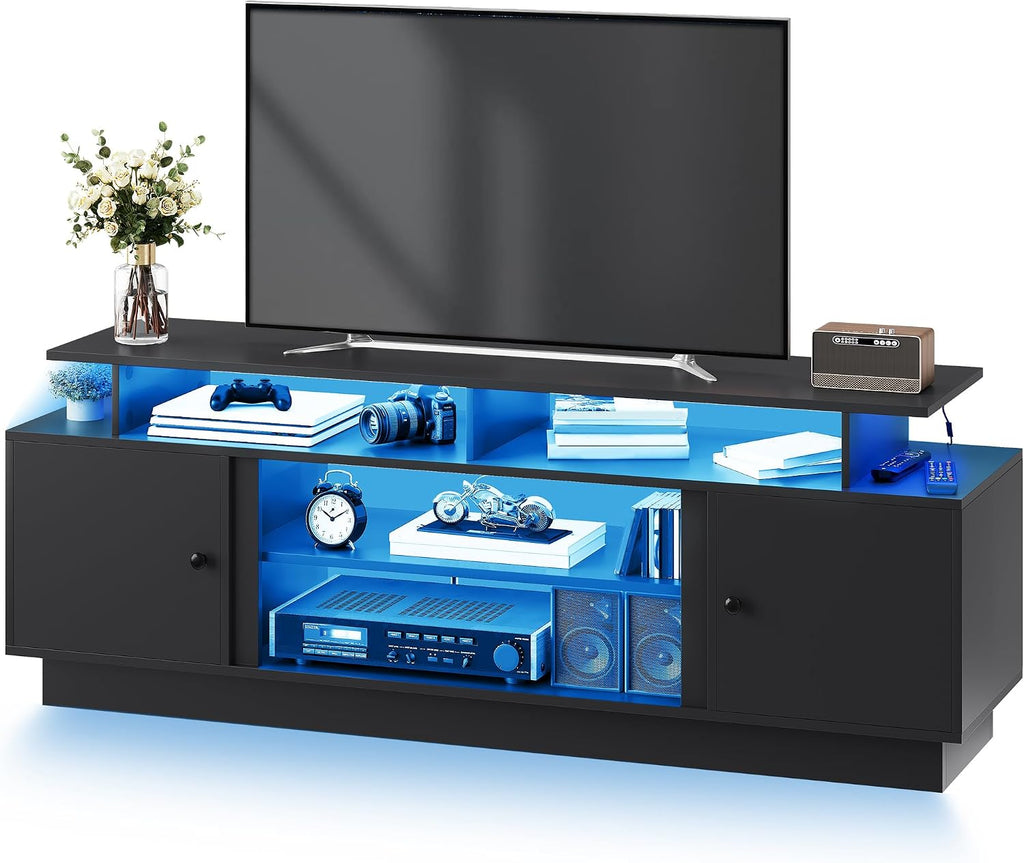 DWVO Modern TV Stand for 75 Inch TVs, Entertainment Center with LED Lights, TV Console with Storage Cabinets & Movable Partition for Living Room, Black