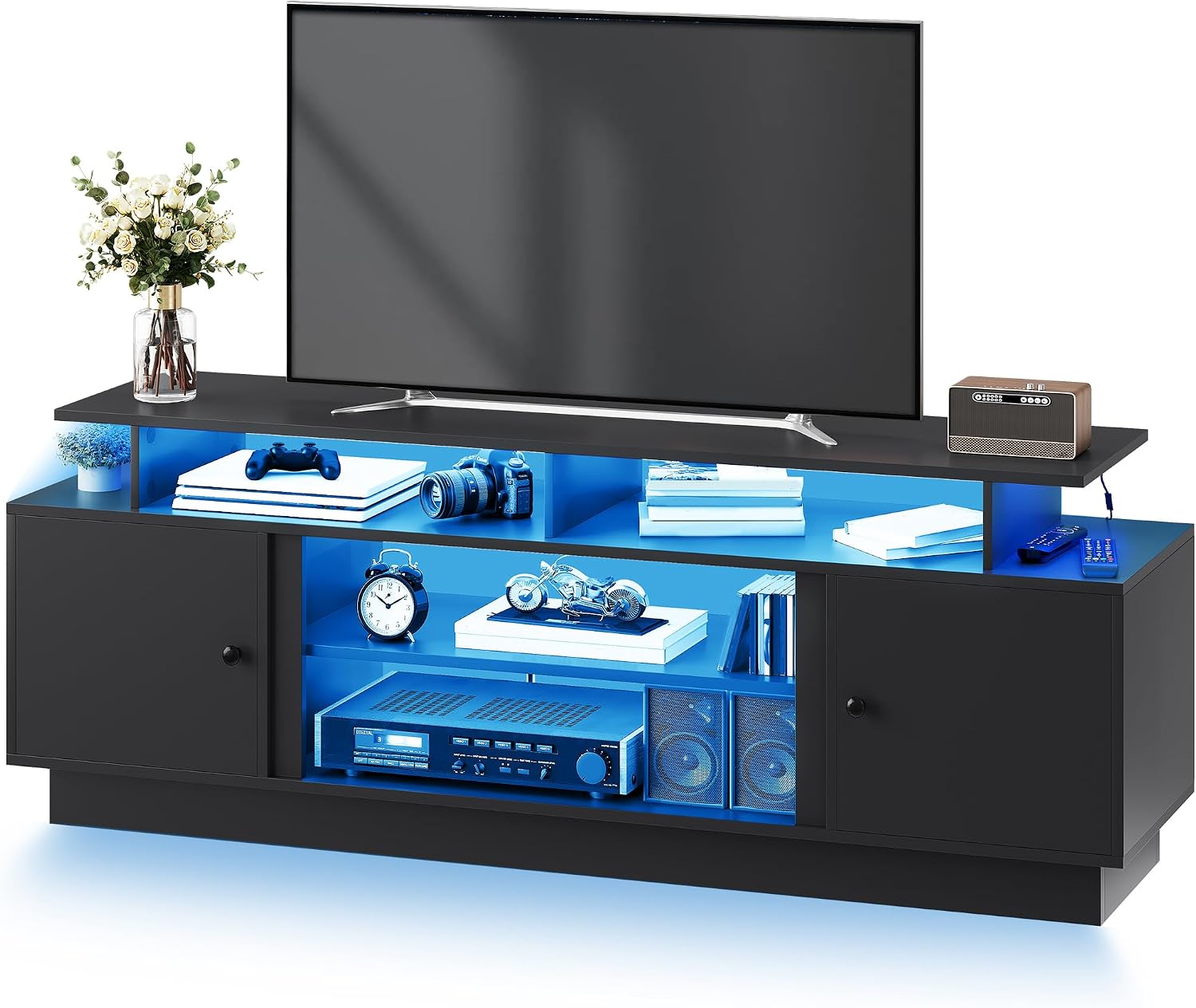 DWVO Modern TV Stand for 75 Inch TVs, Entertainment Center with LED Lights, TV Console with Storage Cabinets & Movable Partition for Living Room, Black