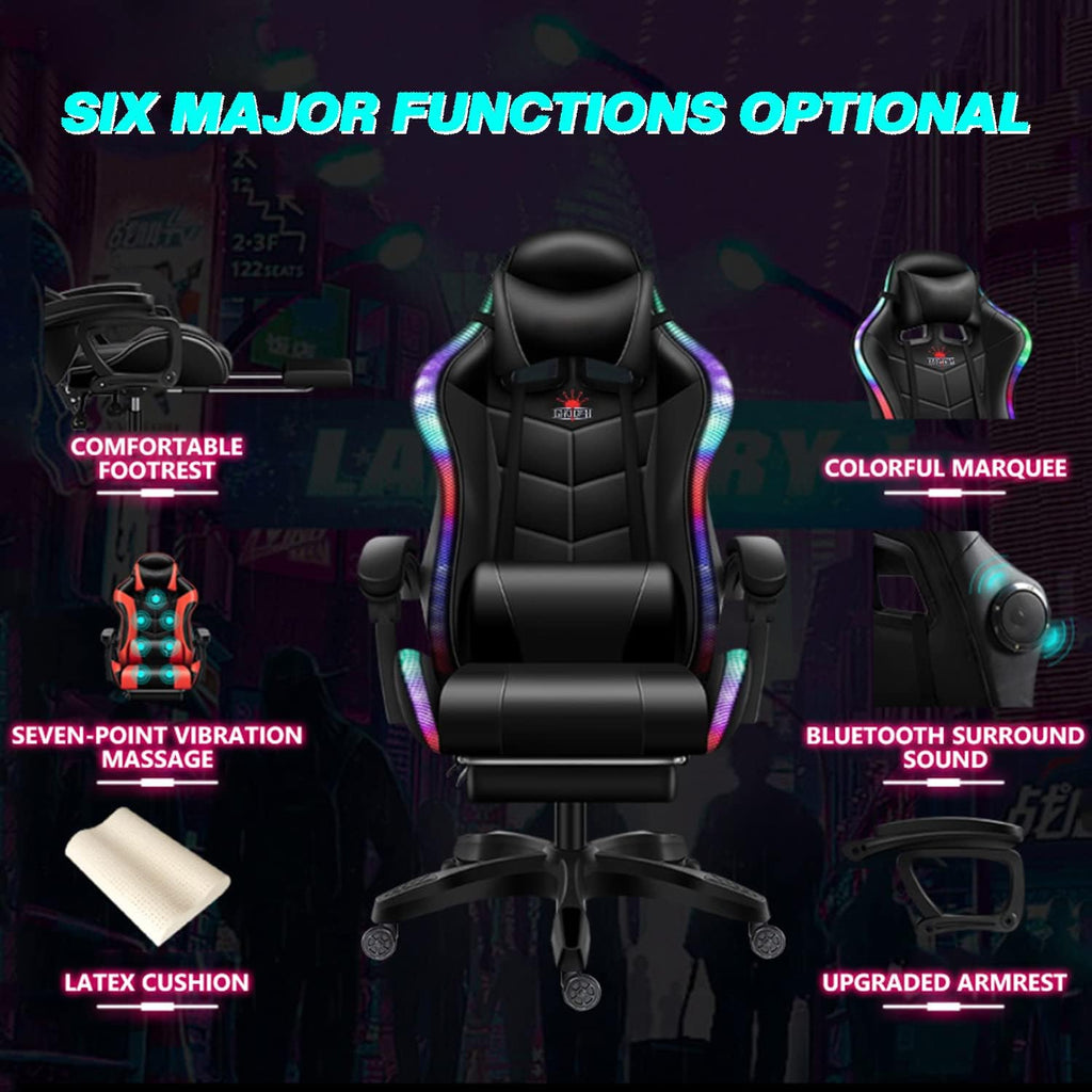 LED Pink Gaming Chairs for Adults with Speakers - Ergonomic Computer Chair with Full Massage, High Back Music Video Game Chair with Footrest and Lumbar Support, PU Leather Silla Gamer,Pink