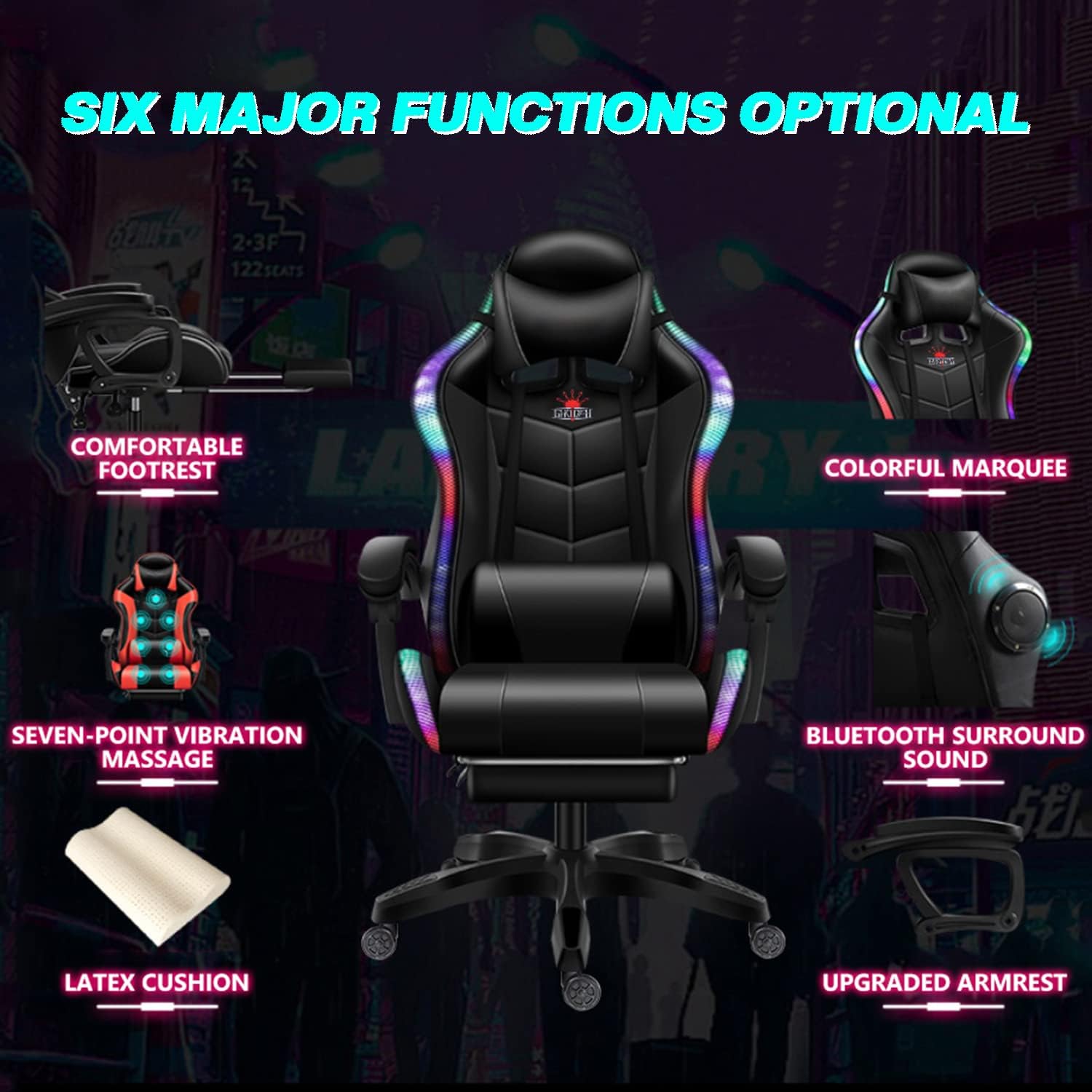 LED Pink Gaming Chairs for Adults with Speakers - Ergonomic Computer Chair with Full Massage, High Back Music Video Game Chair with Footrest and Lumbar Support, PU Leather Silla Gamer,Pink