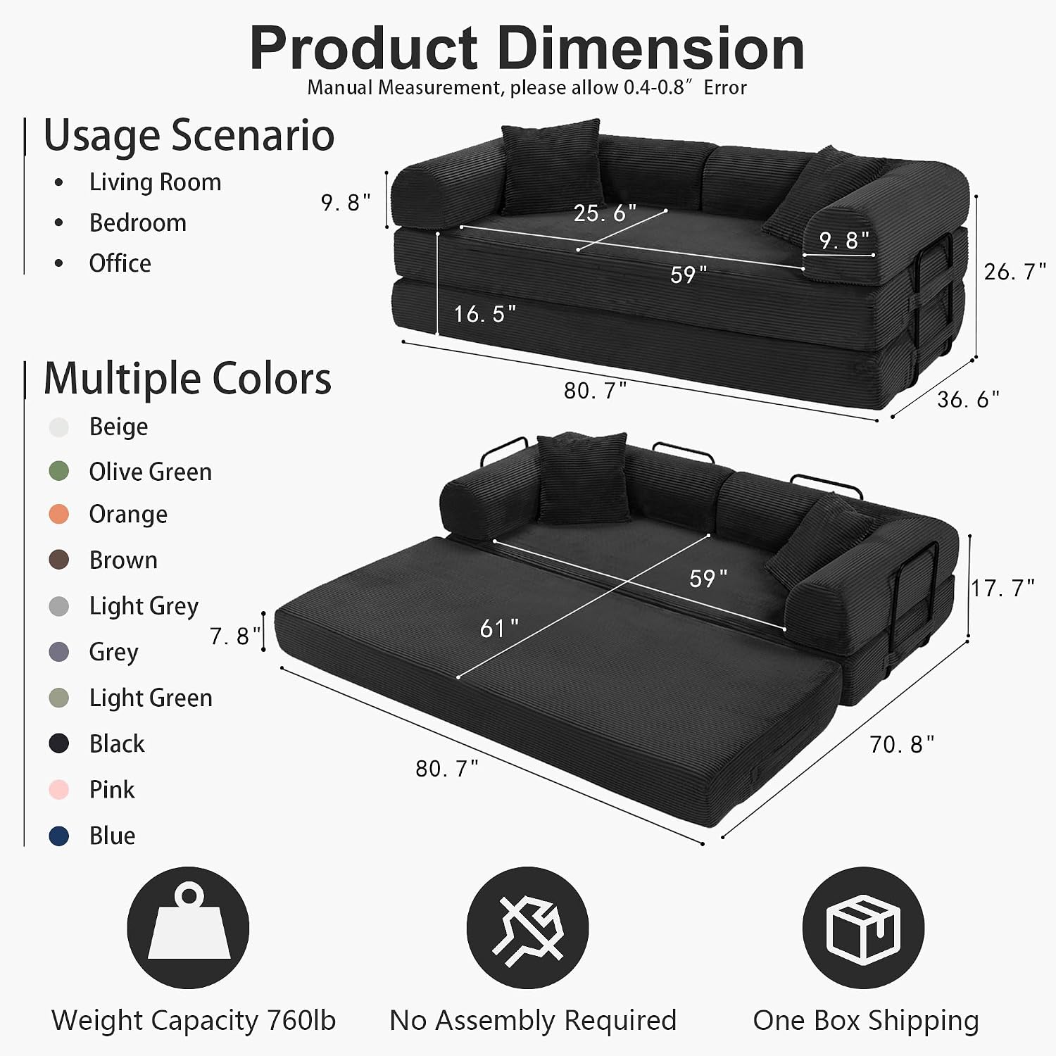 JJJ 78 inch Sofa Bed 4-in-1 Boneless Convertible Corduroy Sleeper Folding Couch with Fixed-Shape Frame and 2 Futons No Assemble Required 3 Seater Upholstered for Living Room (Black, 78 inch)